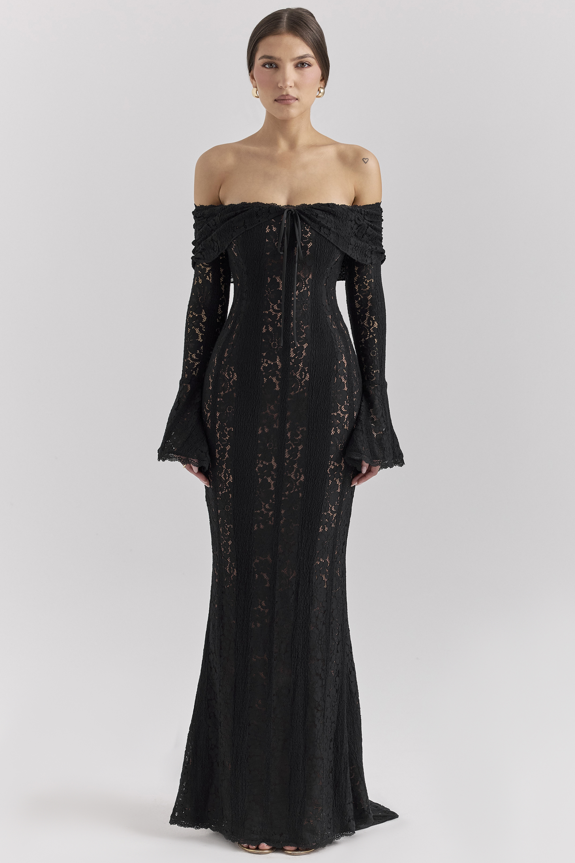 Belle Black Off Shoulder Floral Lace Maxi Dress - luluinthesky
