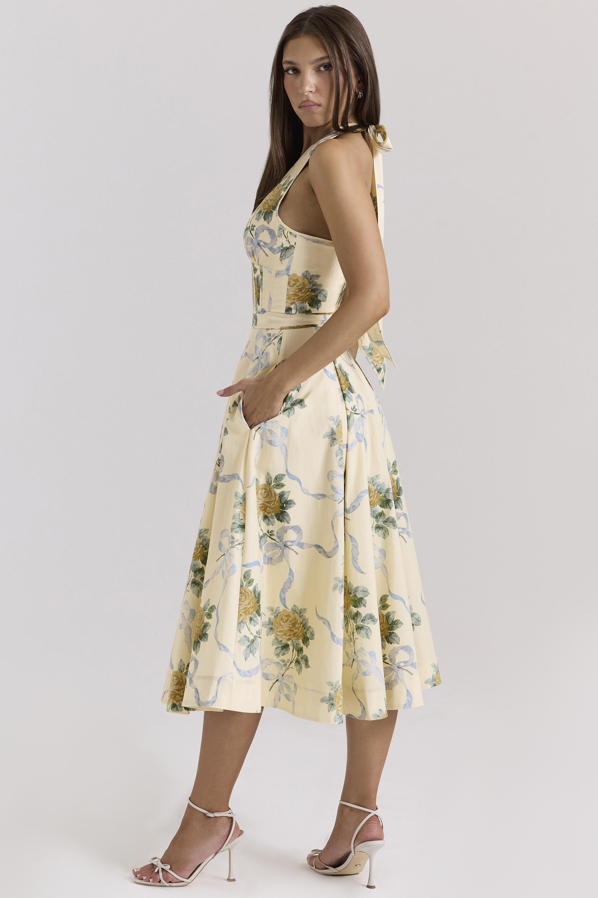 Allena Lemon Ribbon Stretch Cotton Halter Midi Sundress - luluinthesky