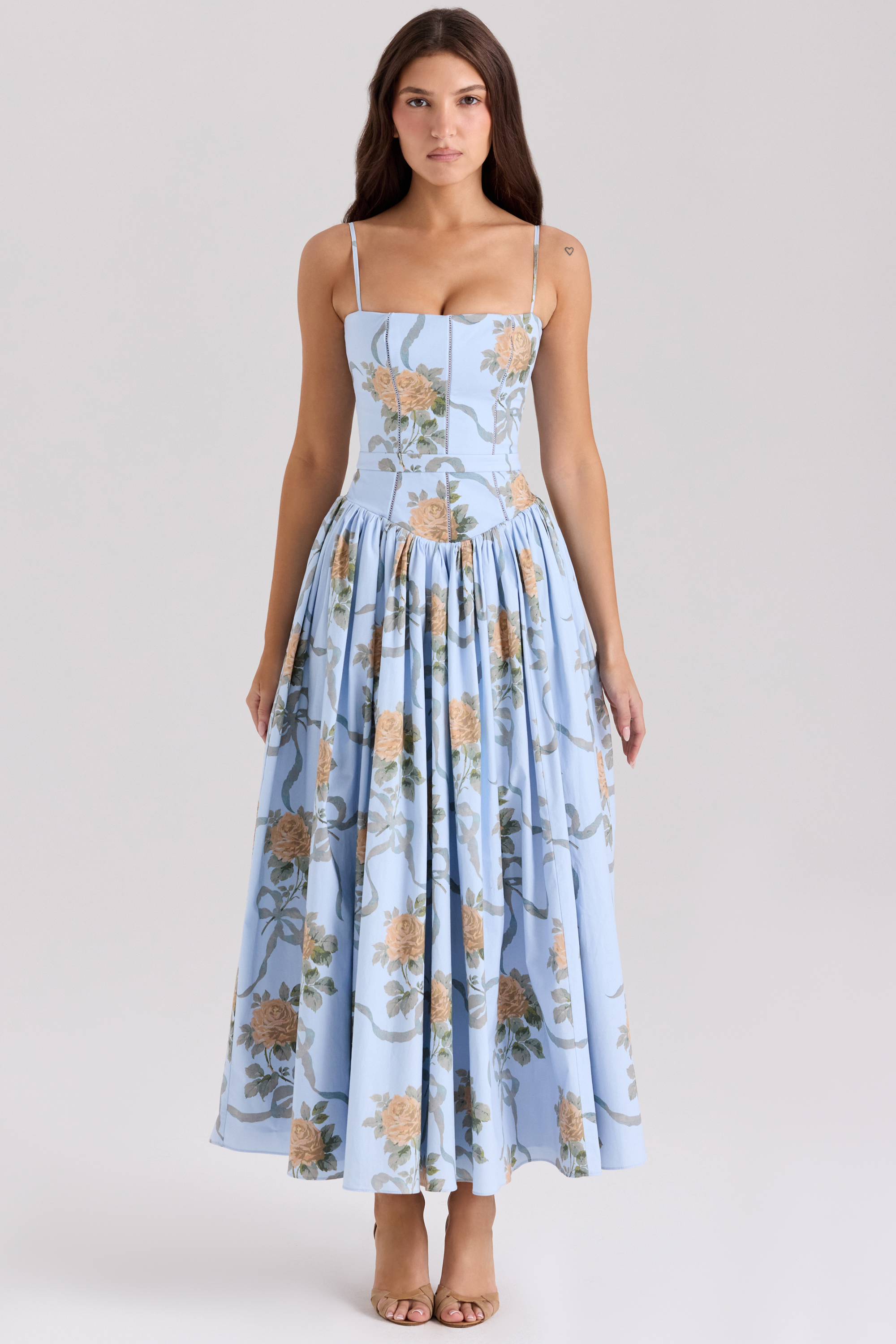 Ysabella Blue Vintage Rose Print Cotton Midi Sundress - luluinthesky