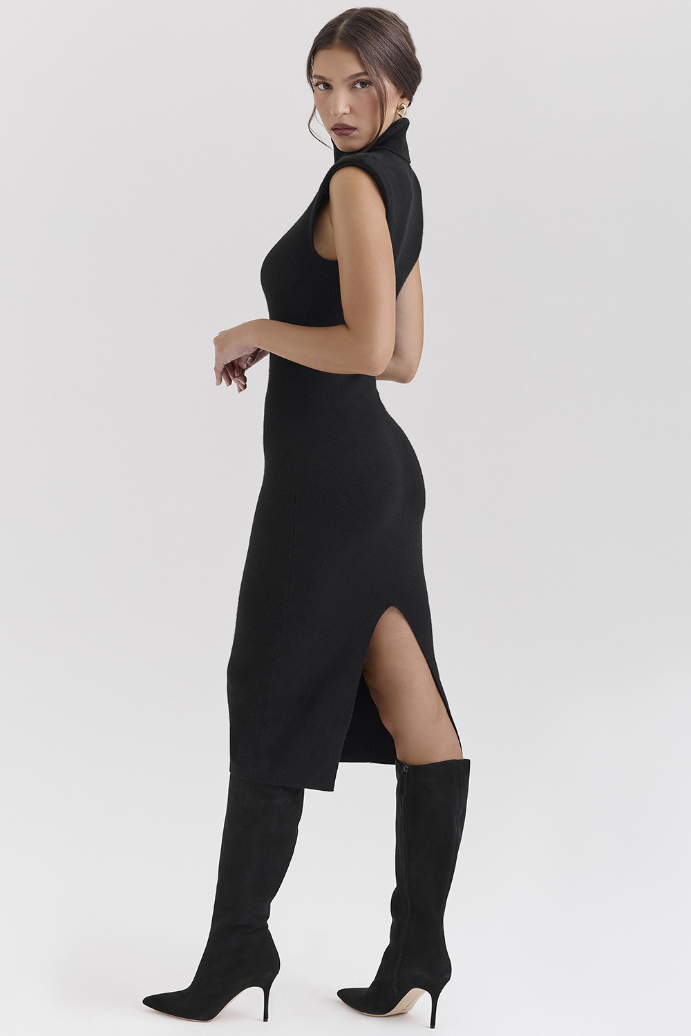Gaia Black Cashmere Blend Turtle Neck Midi Dress - luluinthesky
