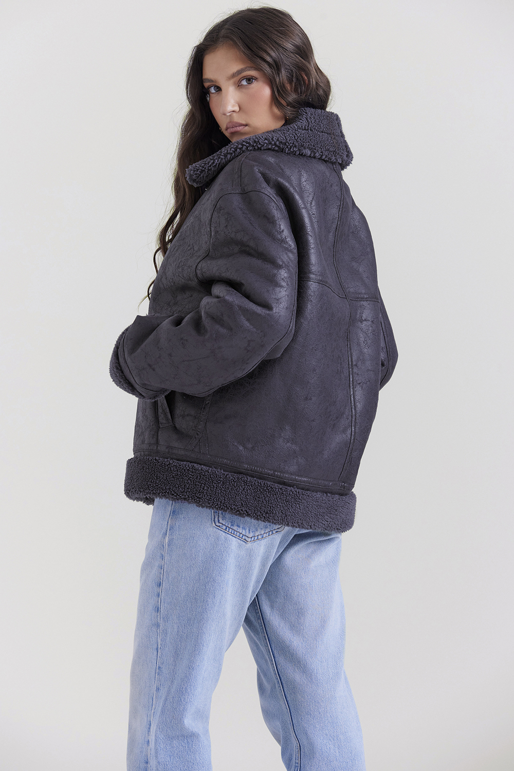 Madden Grey Vegan Shearling Aviator Jacket - luluinthesky