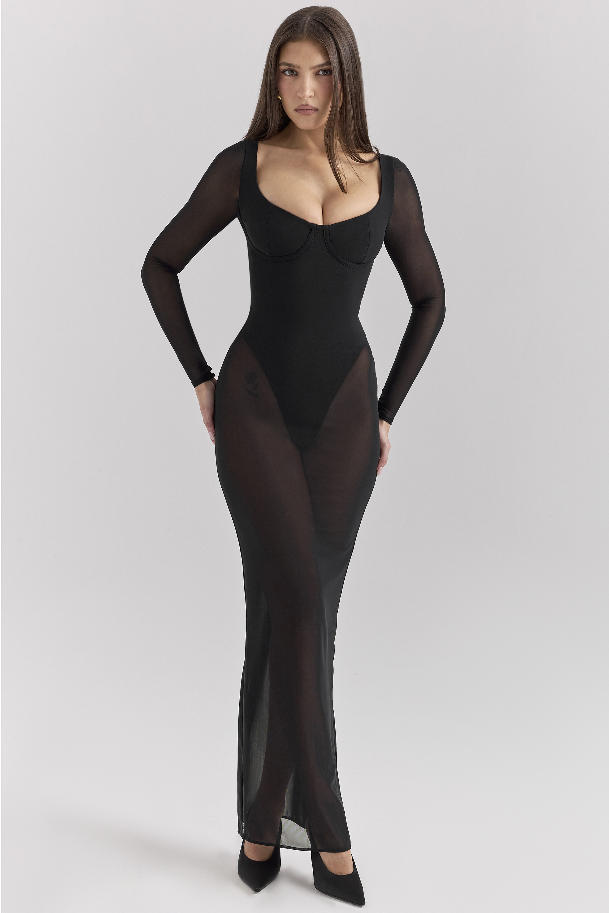 Everly Black Mesh Maxi Dress with Bodysuit - luluinthesky