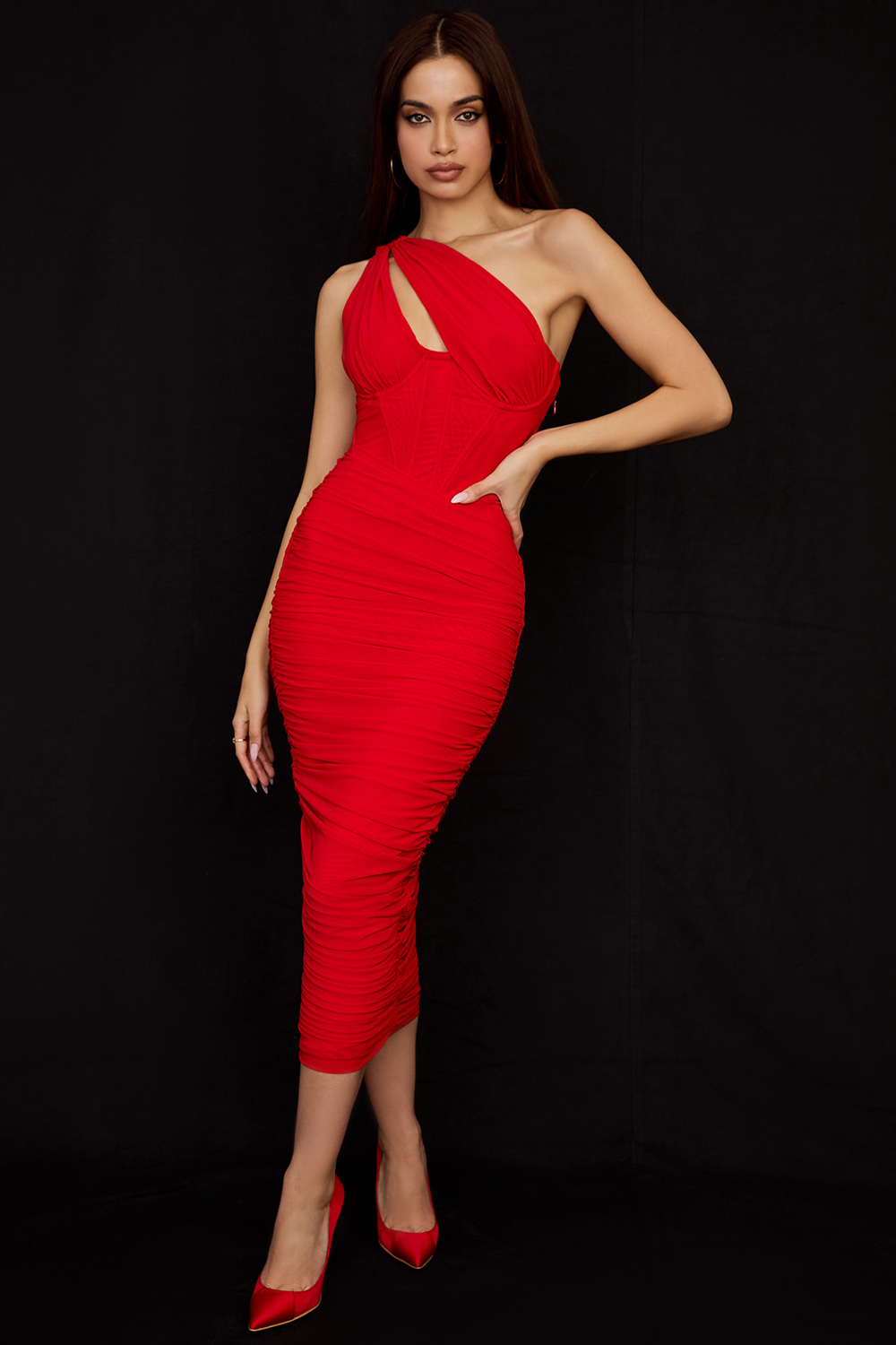 Valentina Scarlet Asymmetric Cutout Midi Dress - luluinthesky