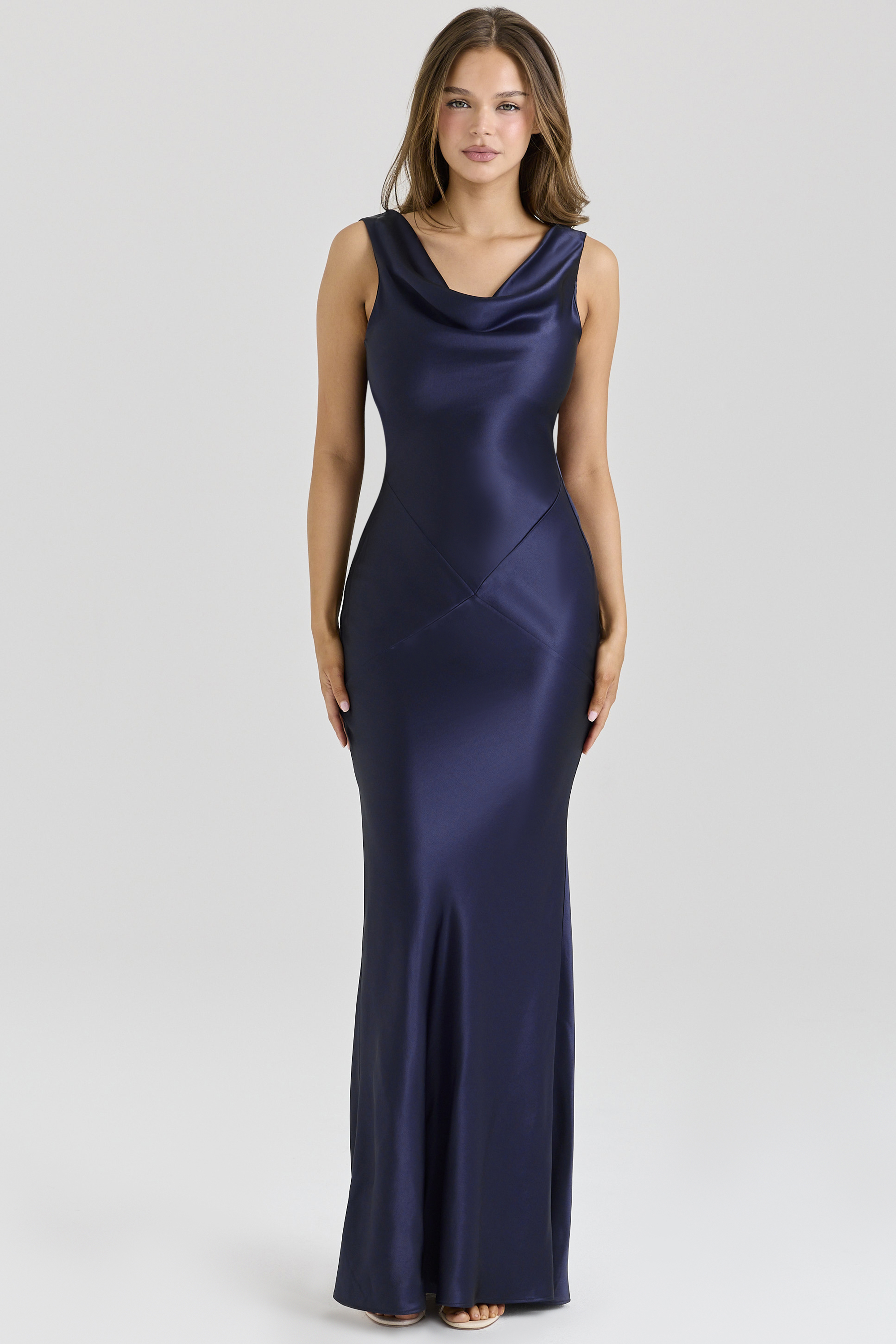 Safaira Navy Satin Draped Cowl Neck Maxi Dress - luluinthesky