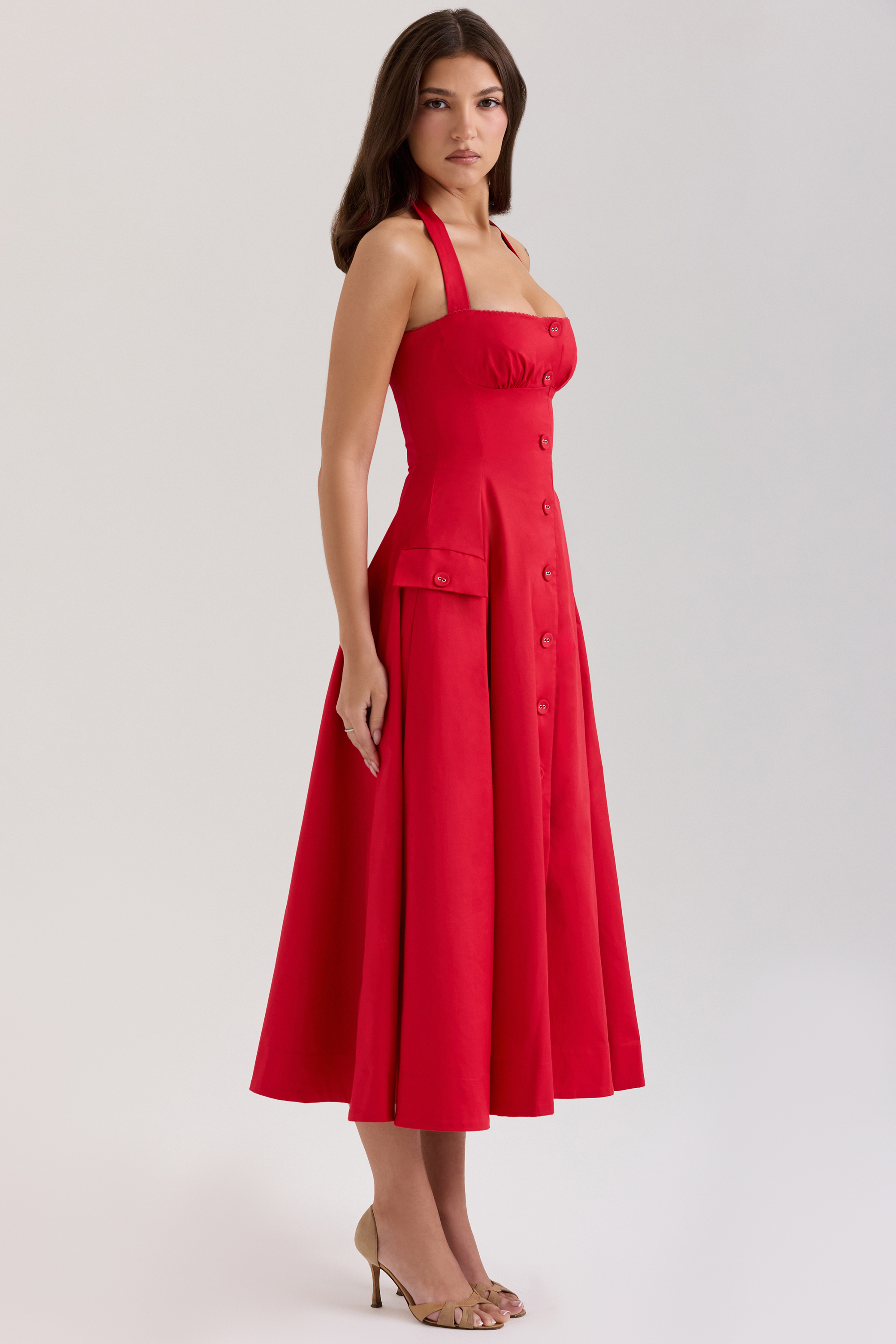 Claudia Red Stretch Cotton Button Halter Neck Midi Dress - luluinthesky