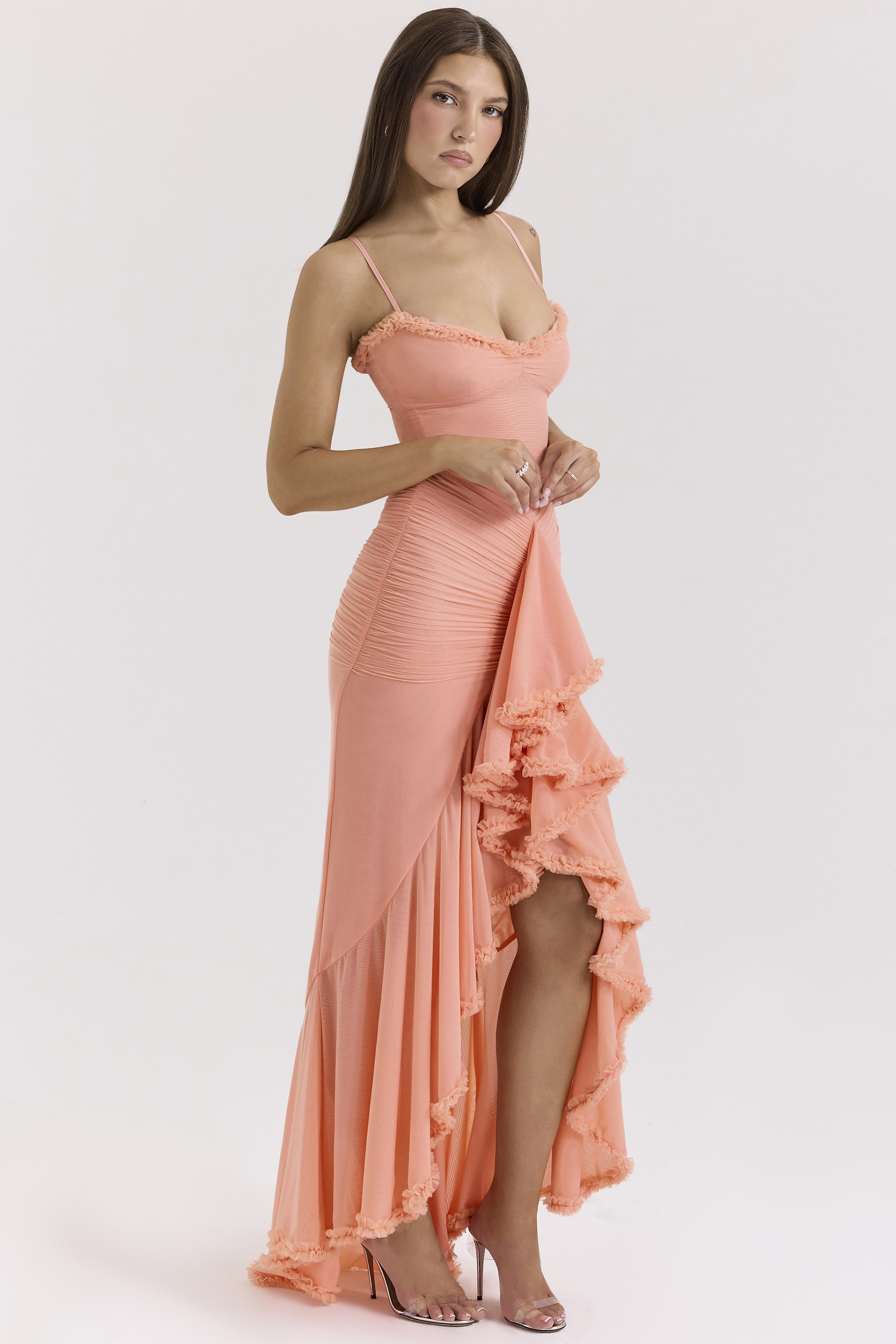 Gabbi Peach Mesh Ruffled Front Gown - luluinthesky