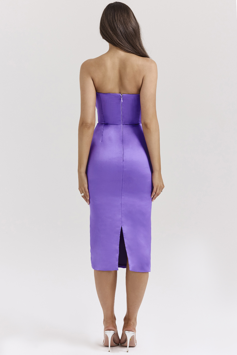 Santana Violet Satin Strapless Corset Midi Dress - luluinthesky