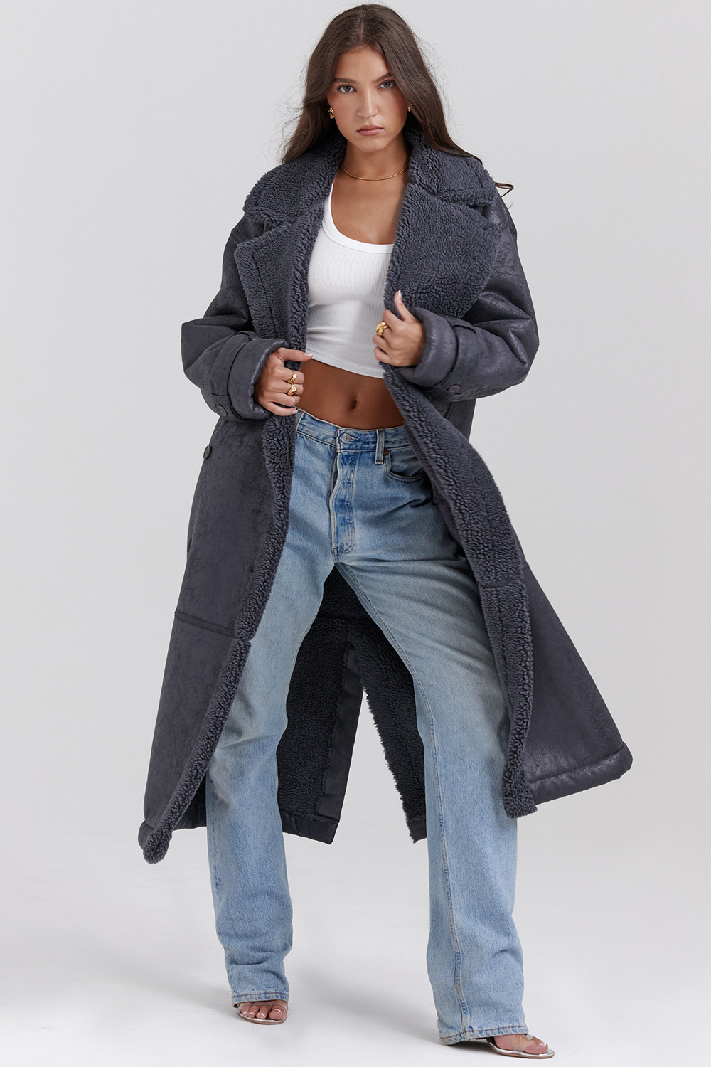 Deiji Grey Vegan Shearling Coat - luluinthesky