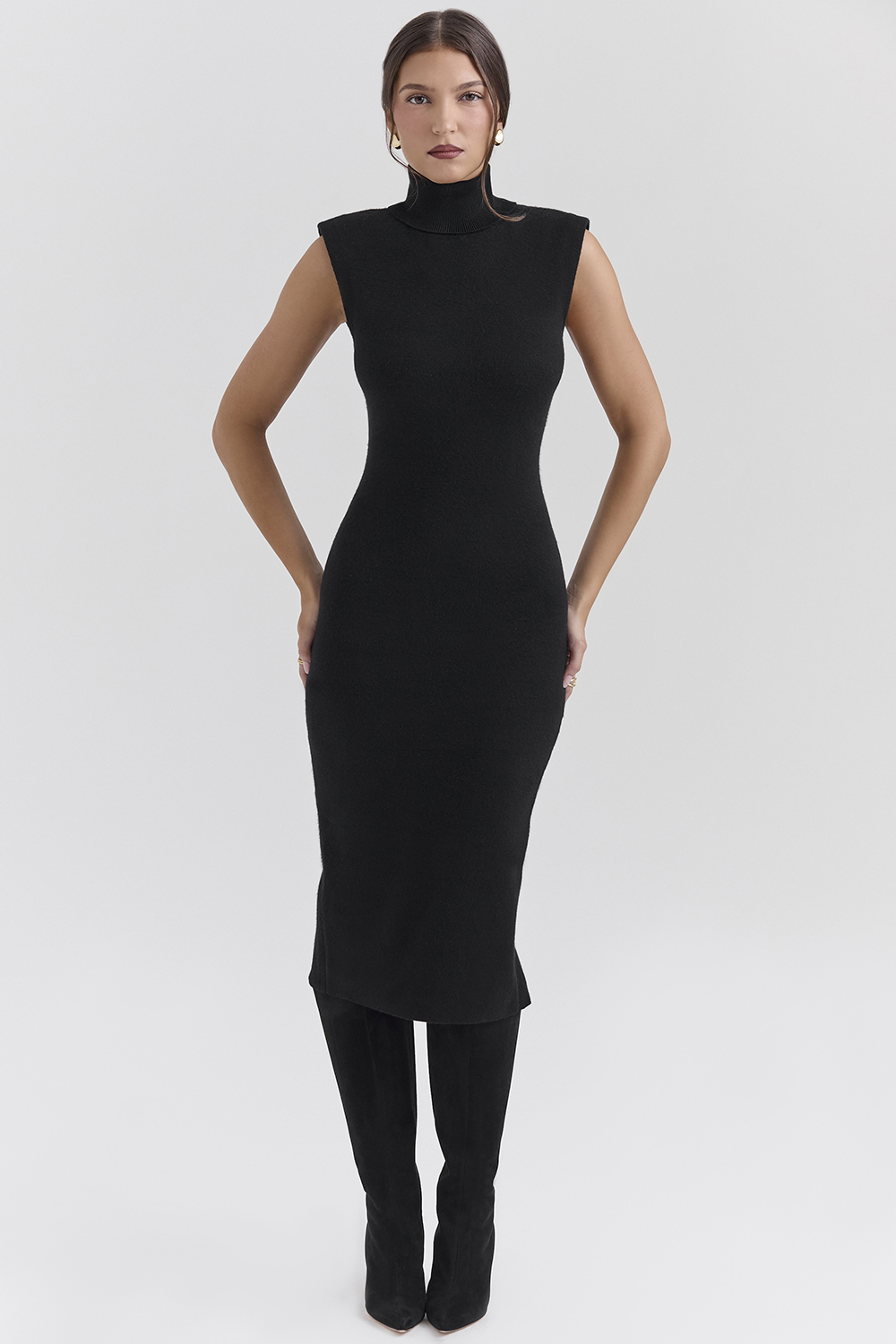 Gaia Black Cashmere Blend Turtle Neck Midi Dress - luluinthesky