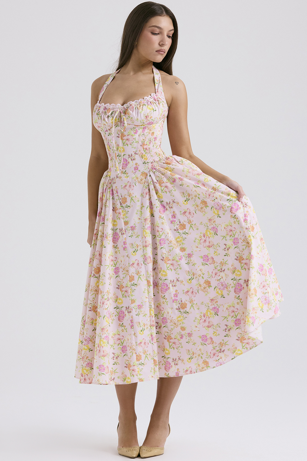 Adabella Pink Meadow Print Cotton Halter Midi Sundress - luluinthesky