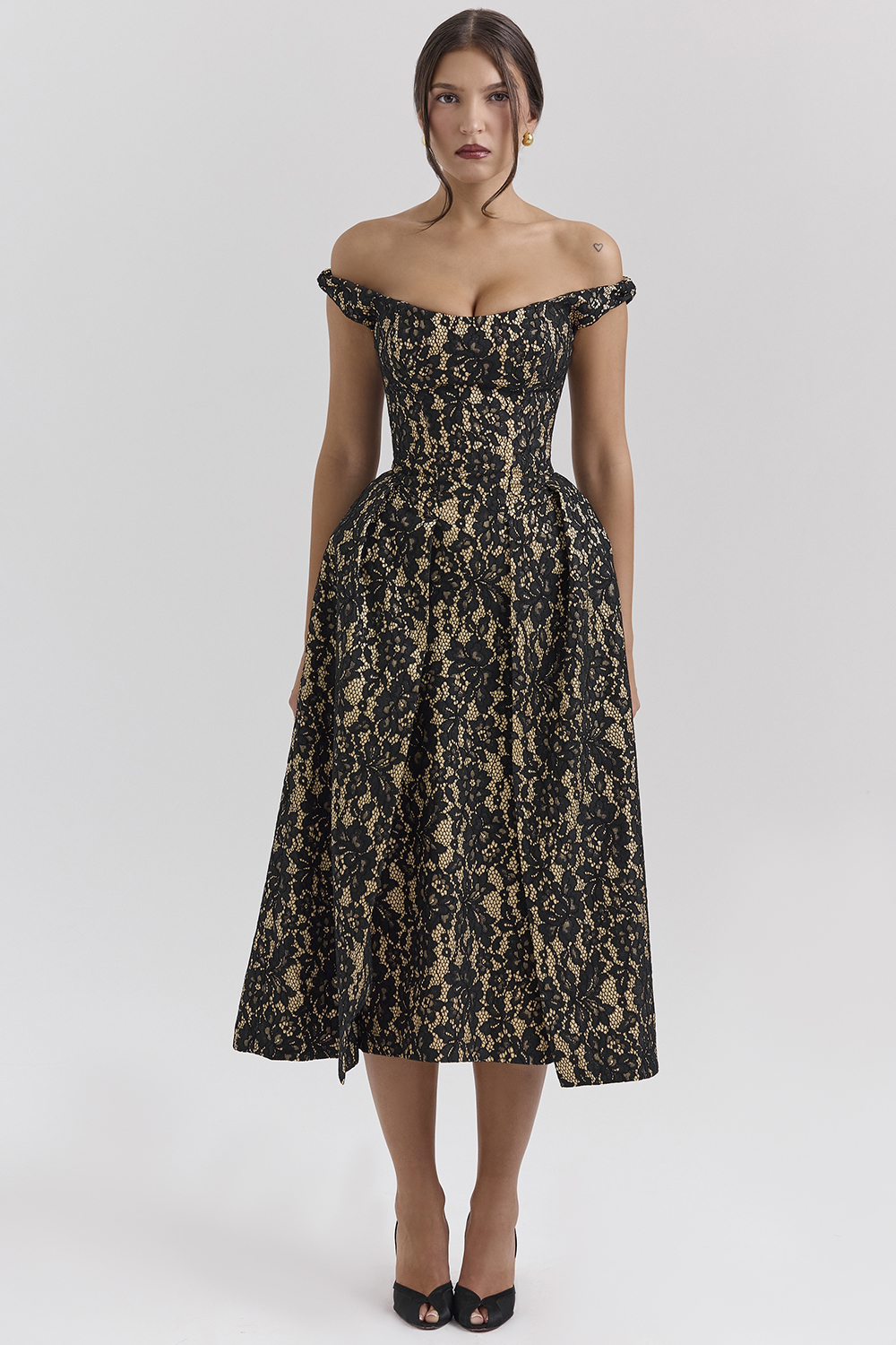 Charming Black Gold Lace Off Shoulder Midi Gown - luluinthesky