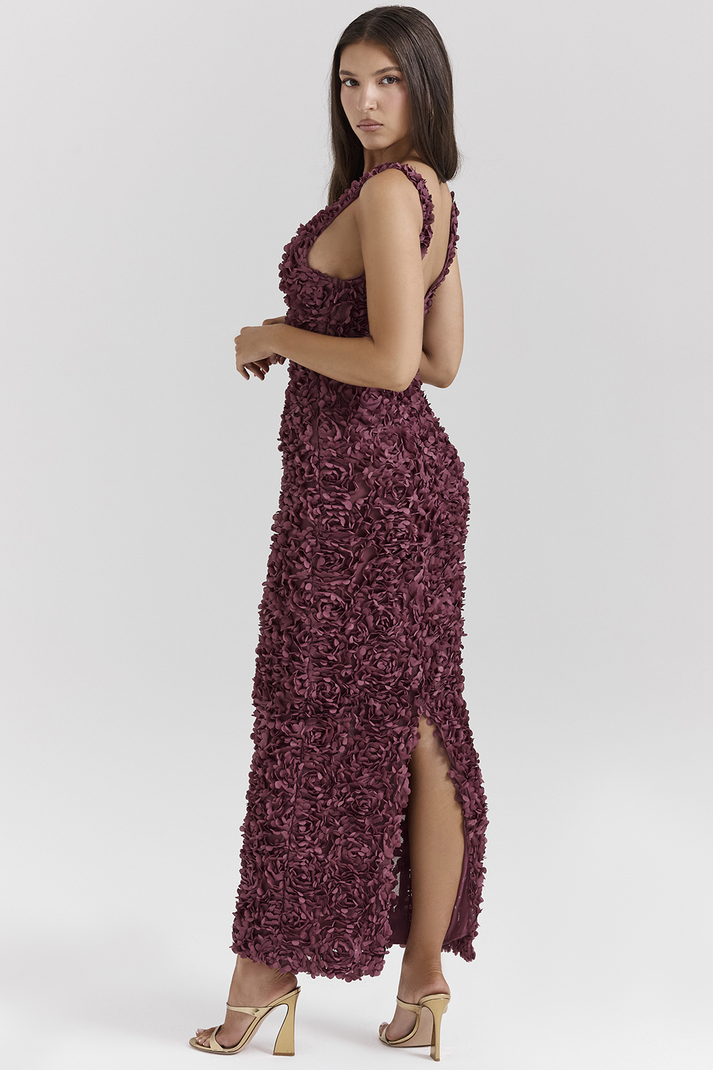 Carena Merlot Plunge Floral Appliqué Maxi Dress - luluinthesky