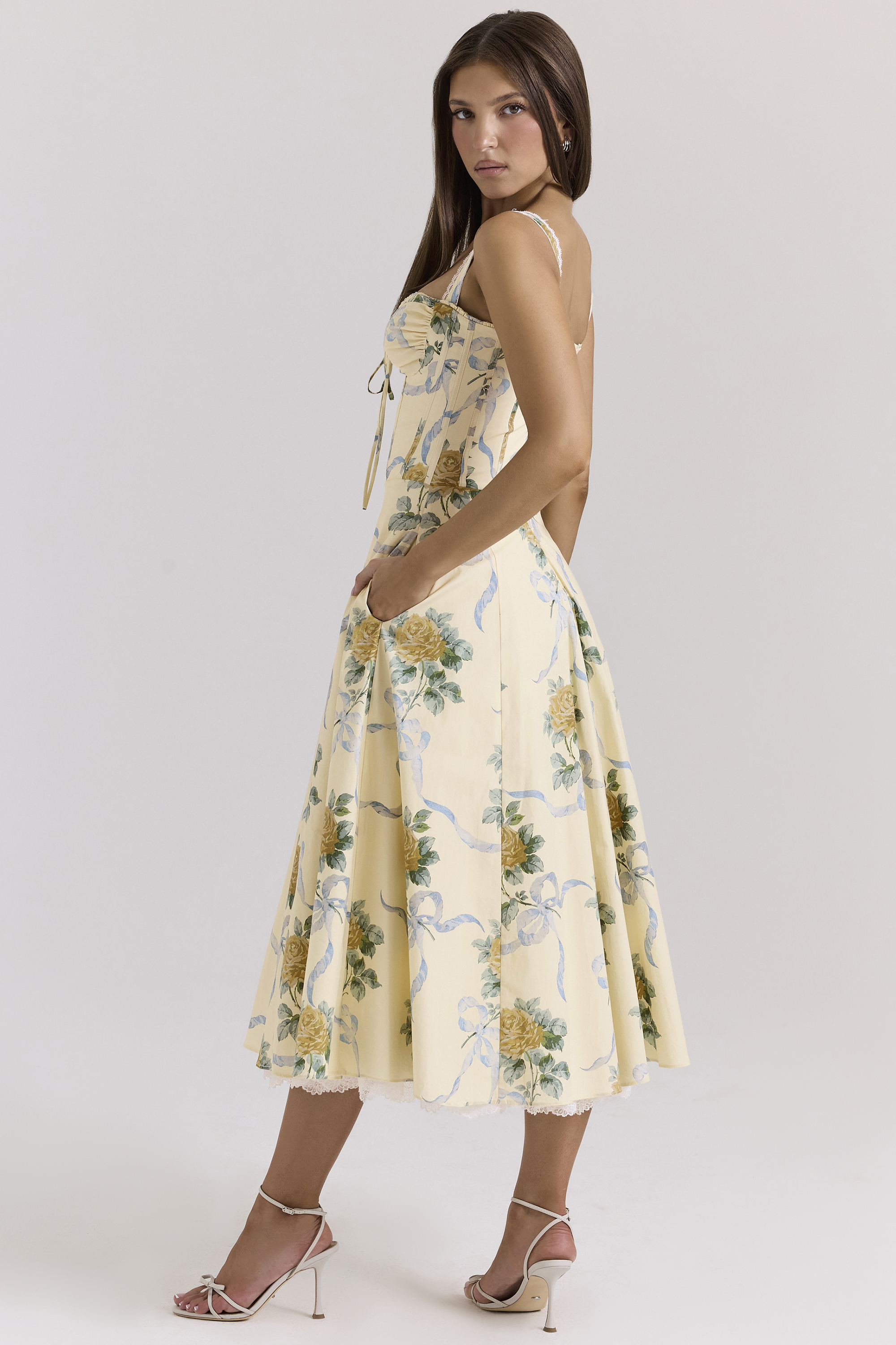 Rosalee Lemon Vintage Ribbon Print Cotton Midi Dress - luluinthesky