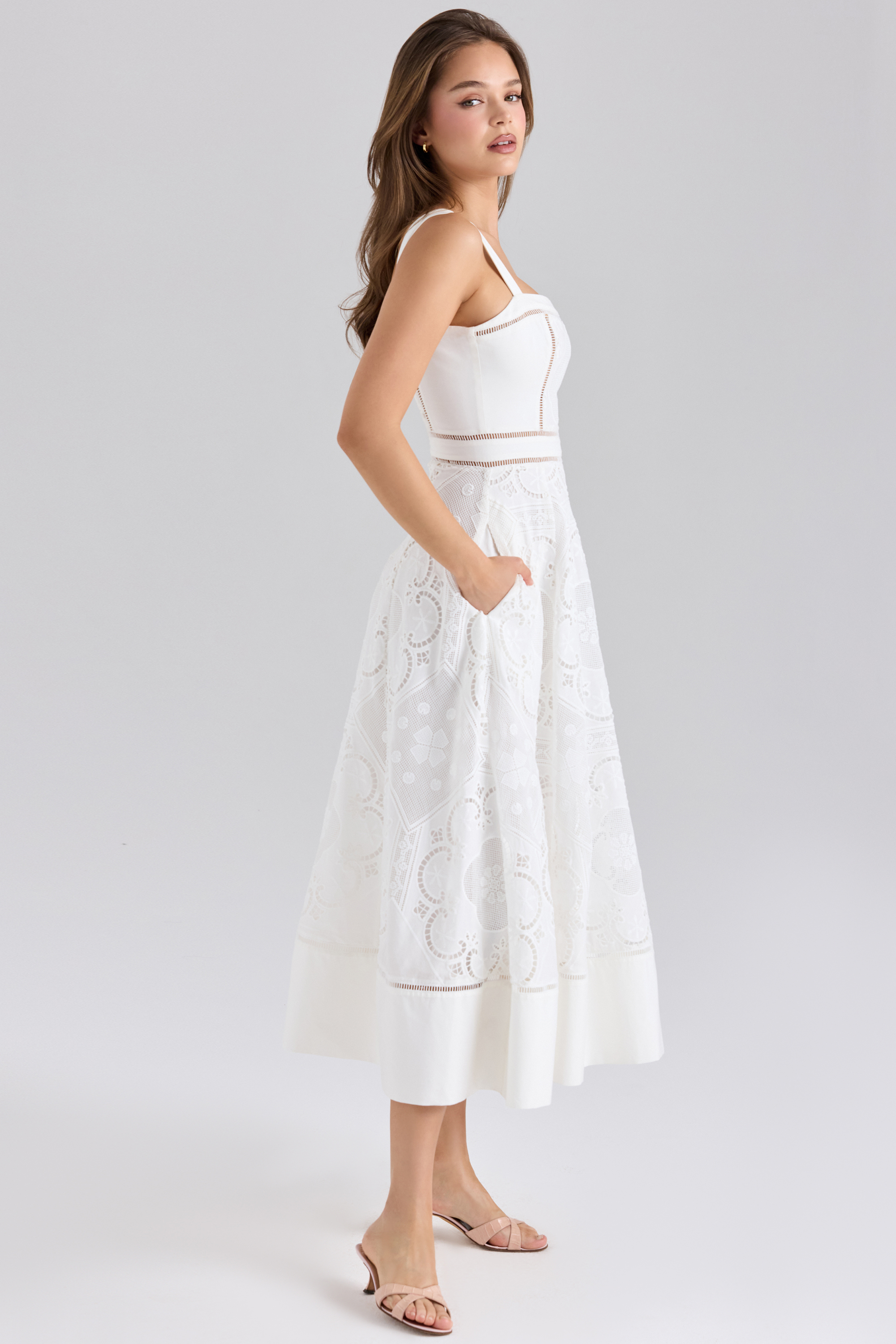 Ava White Stretch Cotton Broderie Anglaise Midi Dress - luluinthesky
