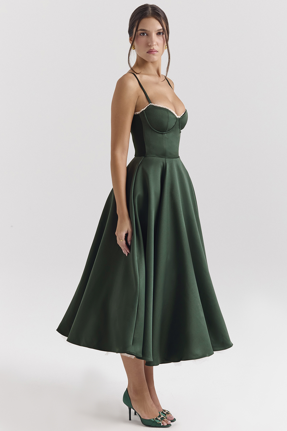 Mademoiselle Forest Green Satin Tulle Midi Dress - luluinthesky