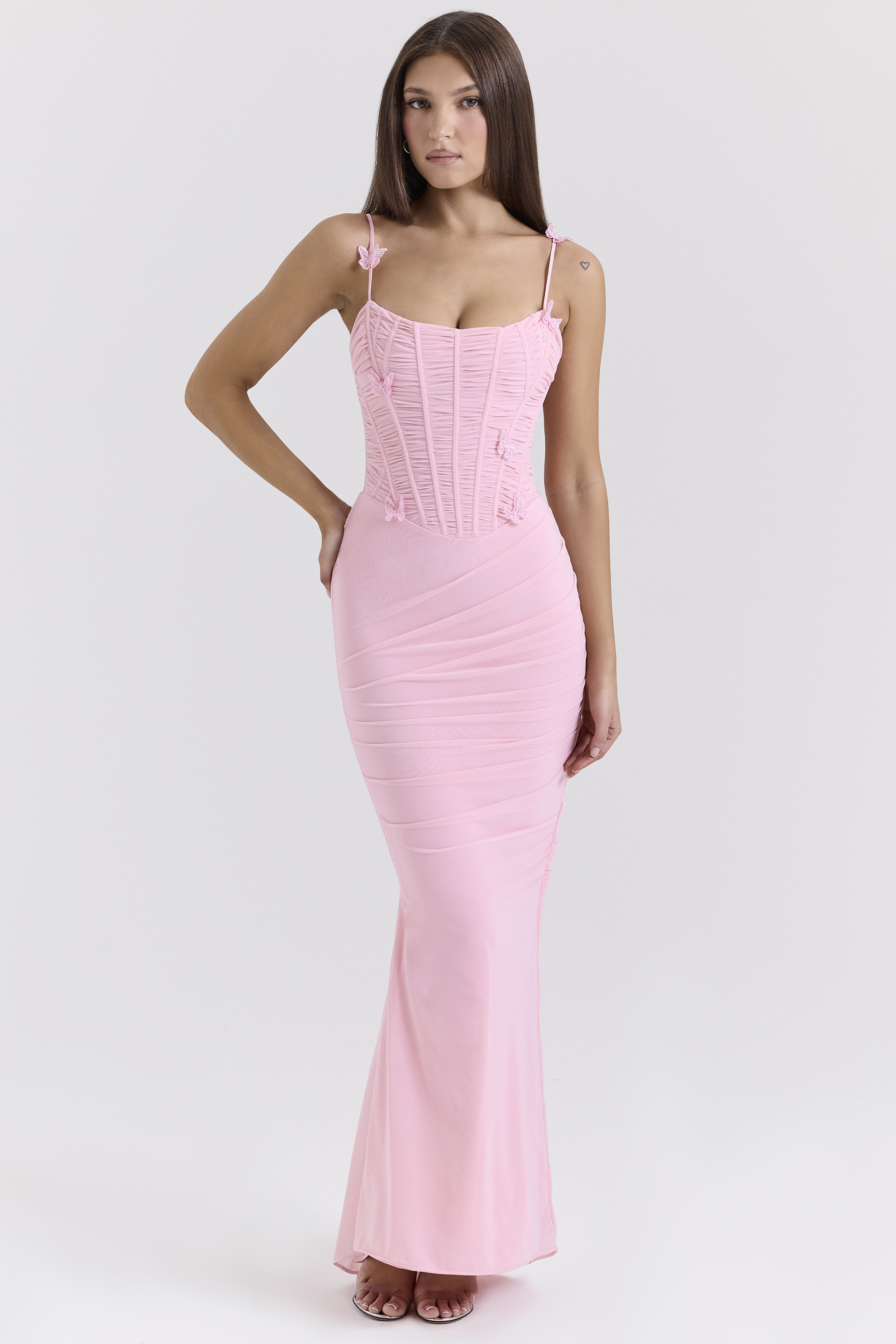 Romola Pink Stretch Mesh Butterfly Maxi Dress - luluinthesky
