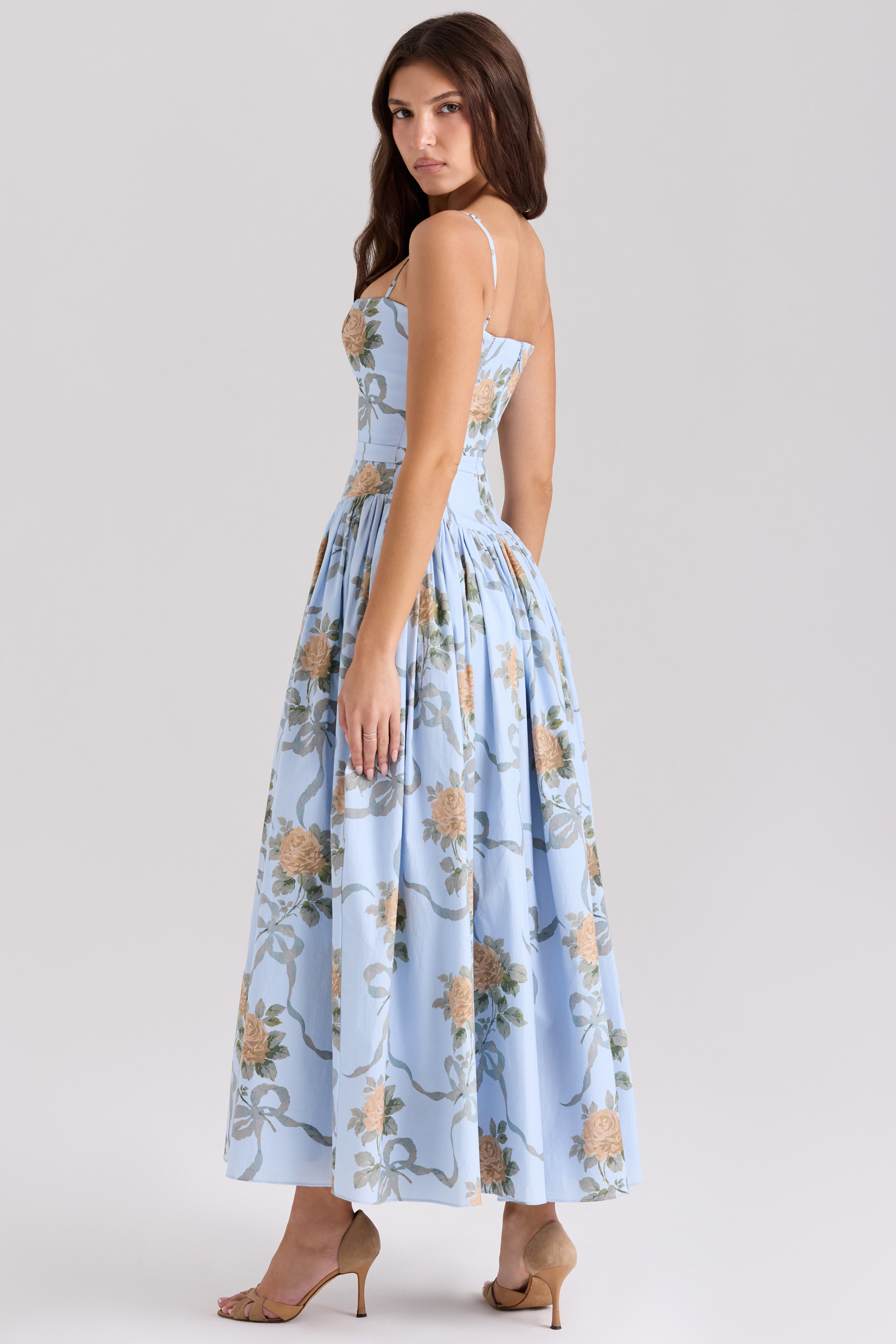 Ysabella Blue Vintage Rose Print Cotton Midi Sundress - luluinthesky