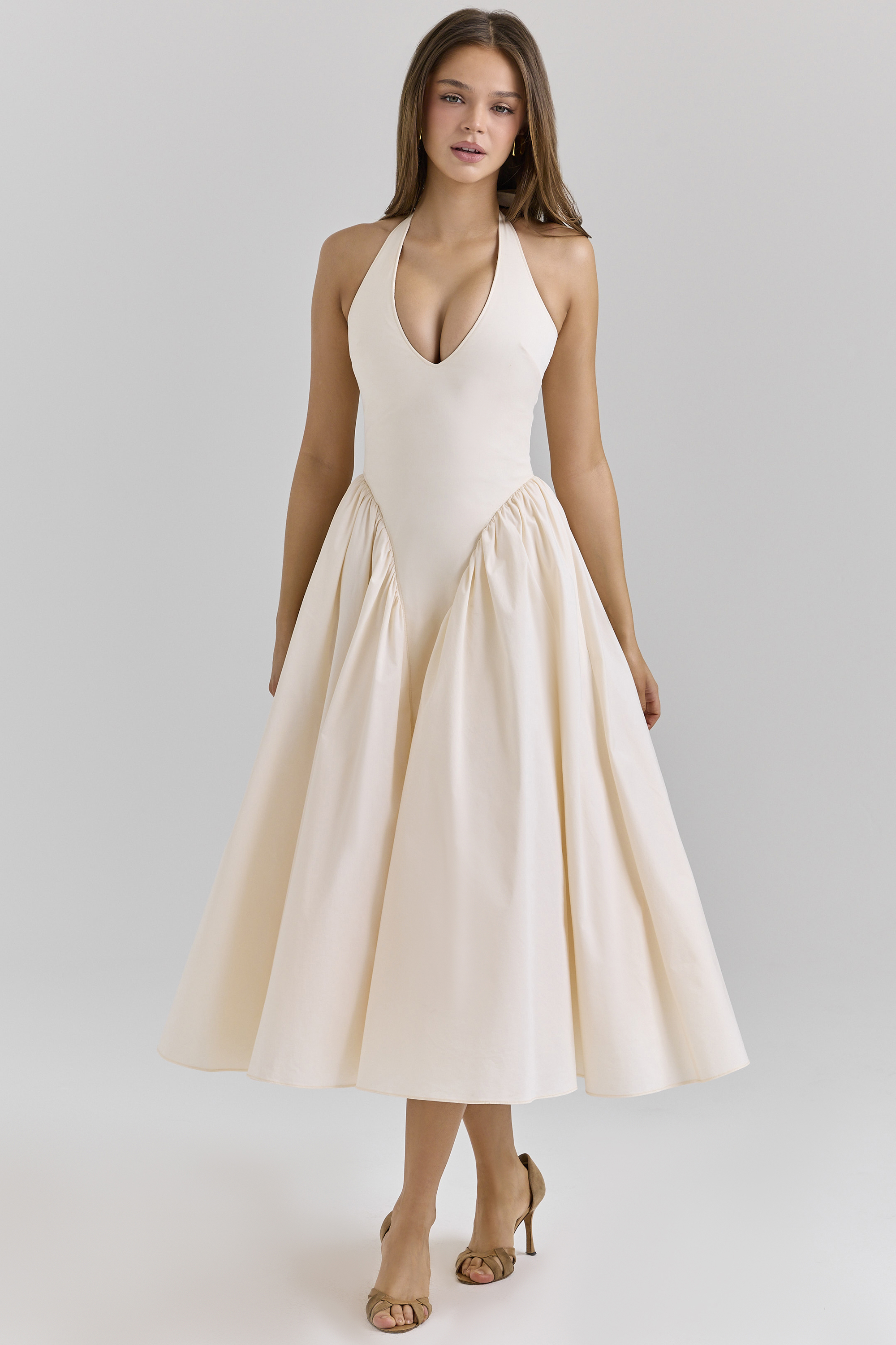 Marilyn Ecru Stretch Cotton Midi Sundress - luluinthesky