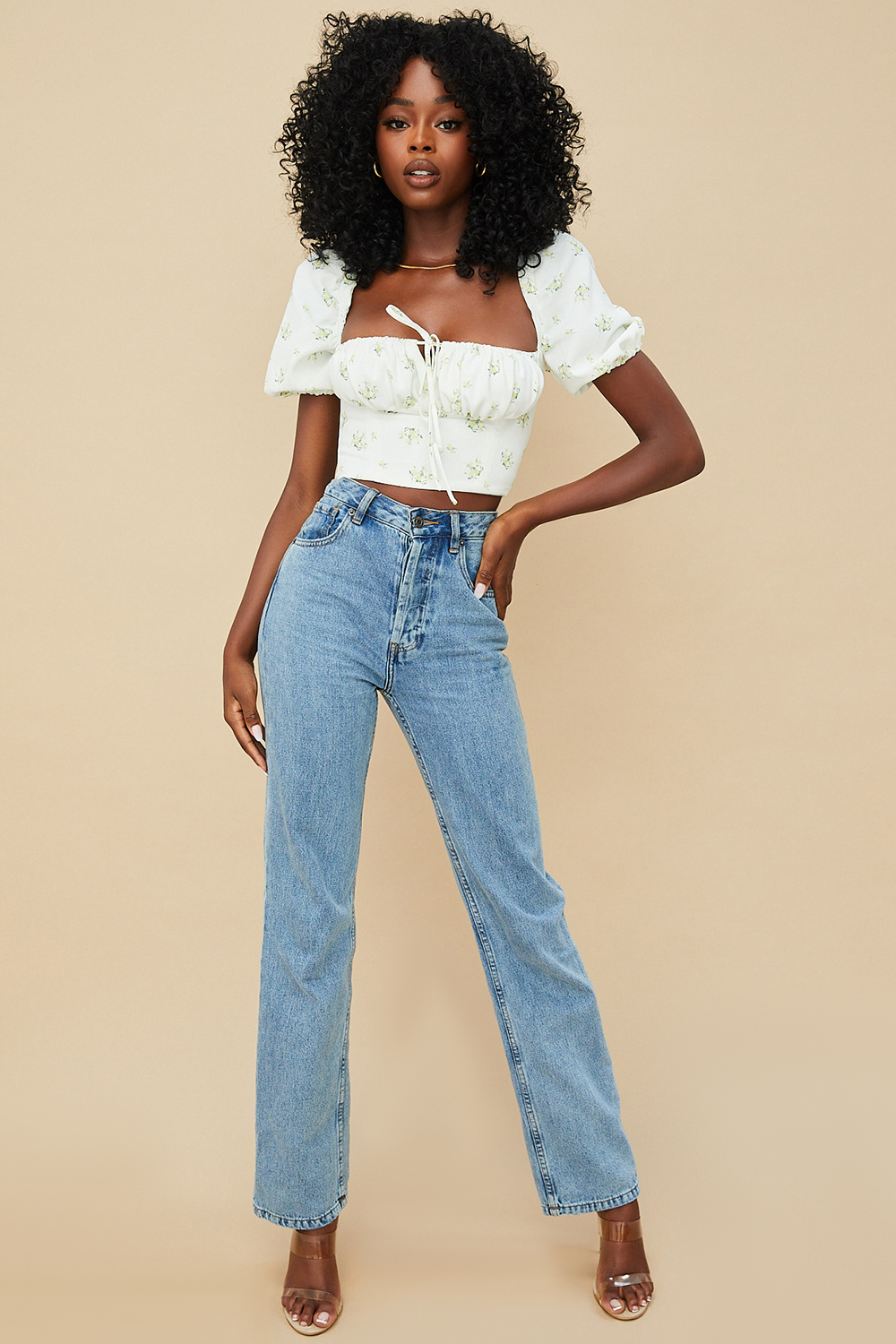 Arianna Ivory Floral Puff Sleeve Cropped Top - luluinthesky