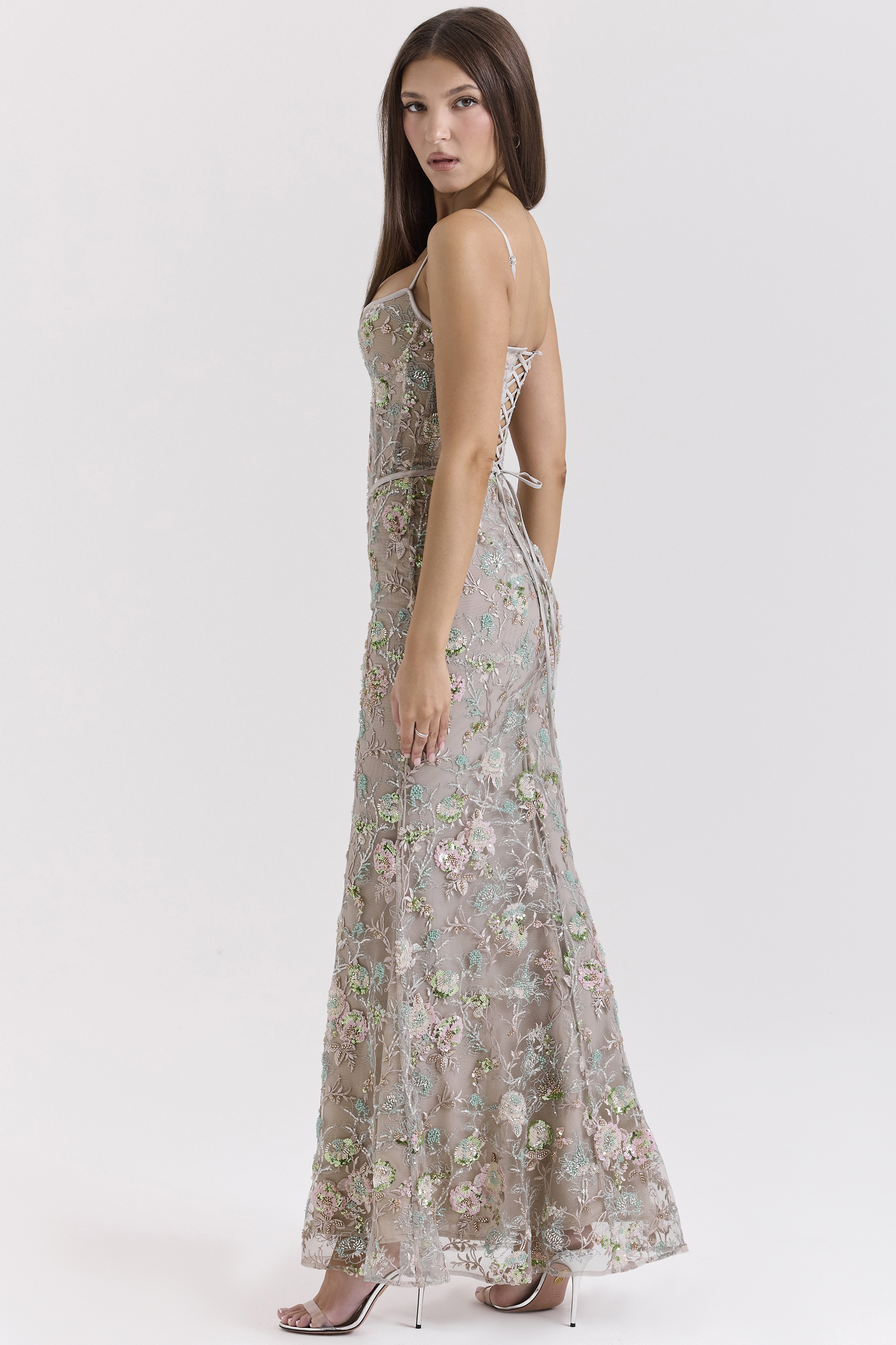 Naima Silver Embellished Beaded Corset Maxi Dress - luluinthesky