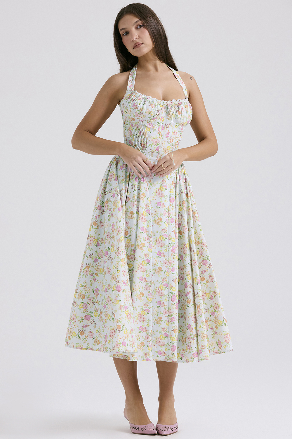 Adabella Pale Blue Meadow Print Cotton Halter Sundress - luluinthesky