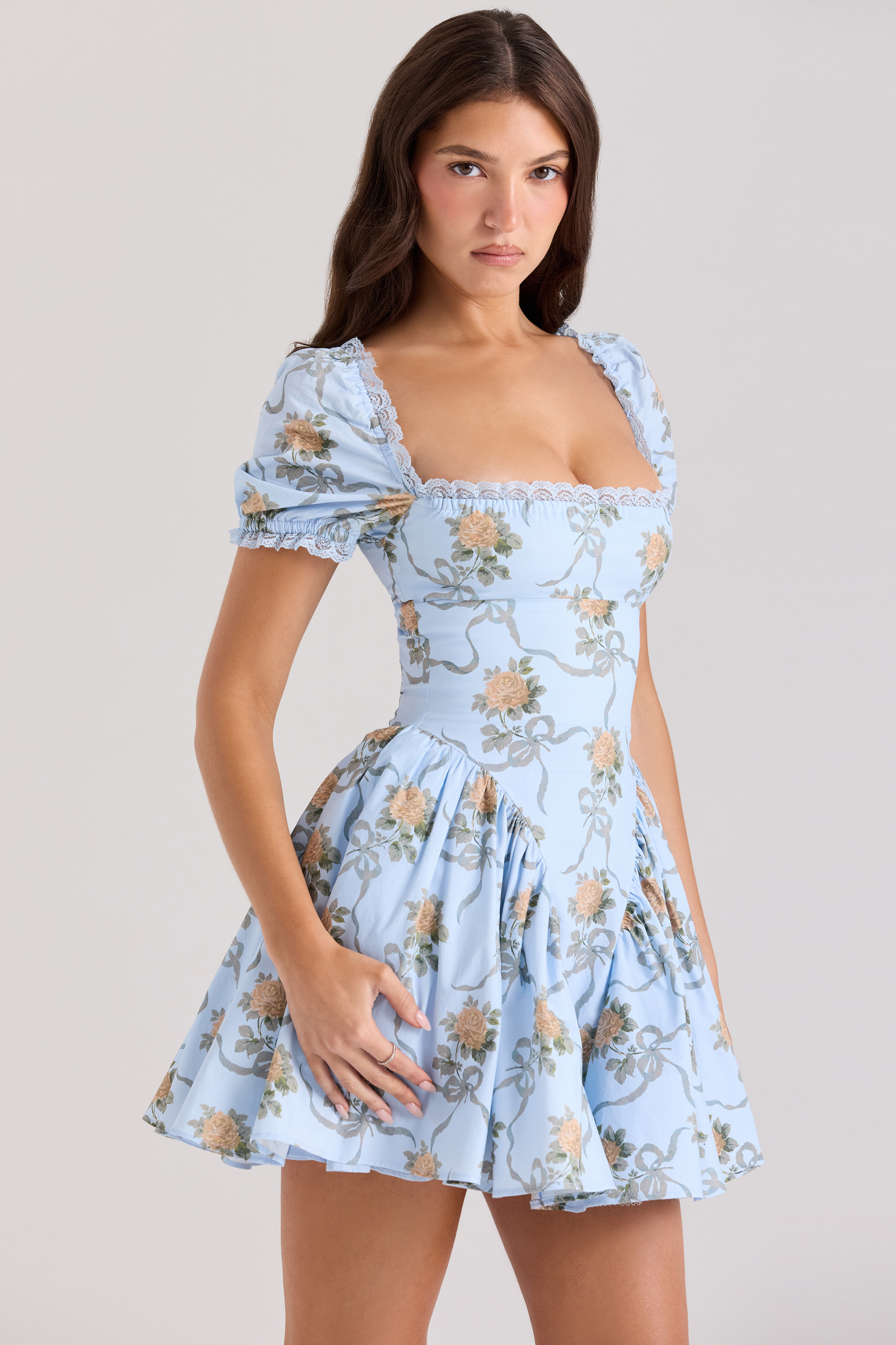 Rosie Blue Rose Print Cotton Mini Dress - luluinthesky
