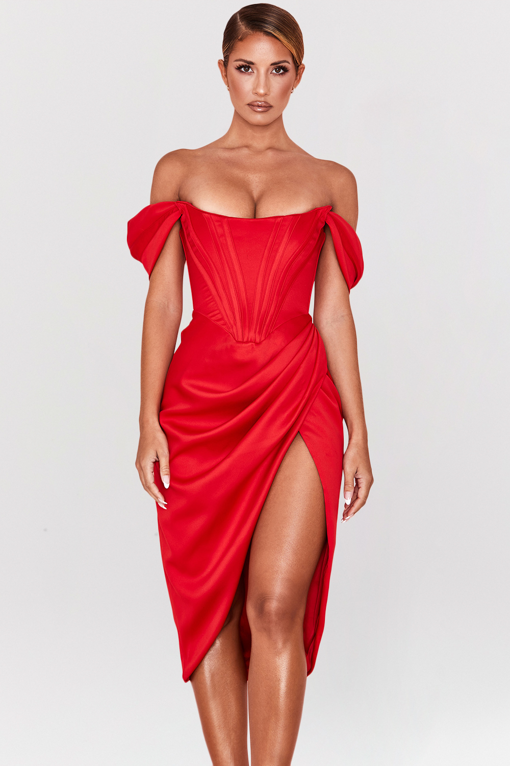 Loretta Red Satin Off Shoulder Dress - luluinthesky