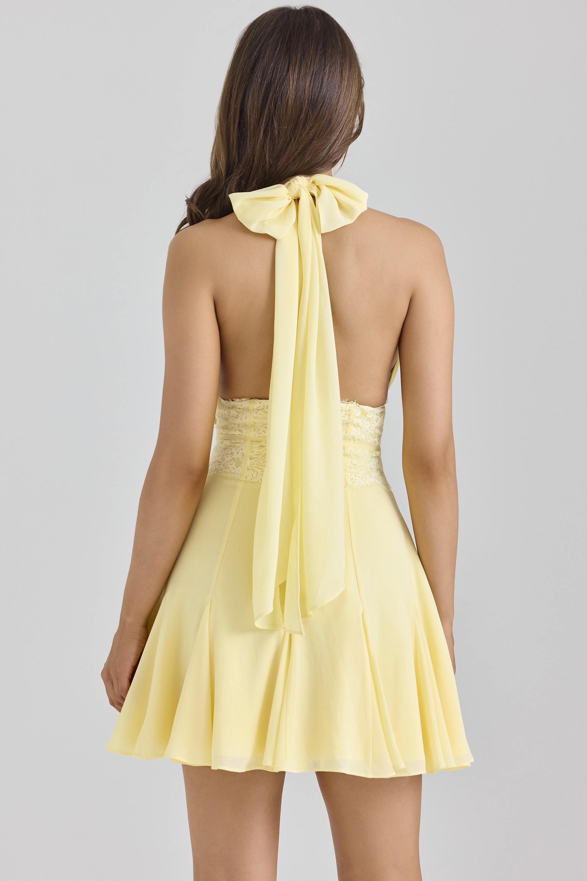 Ailani Butter Yellow Georgette Halter Neck Mini Dress - luluinthesky