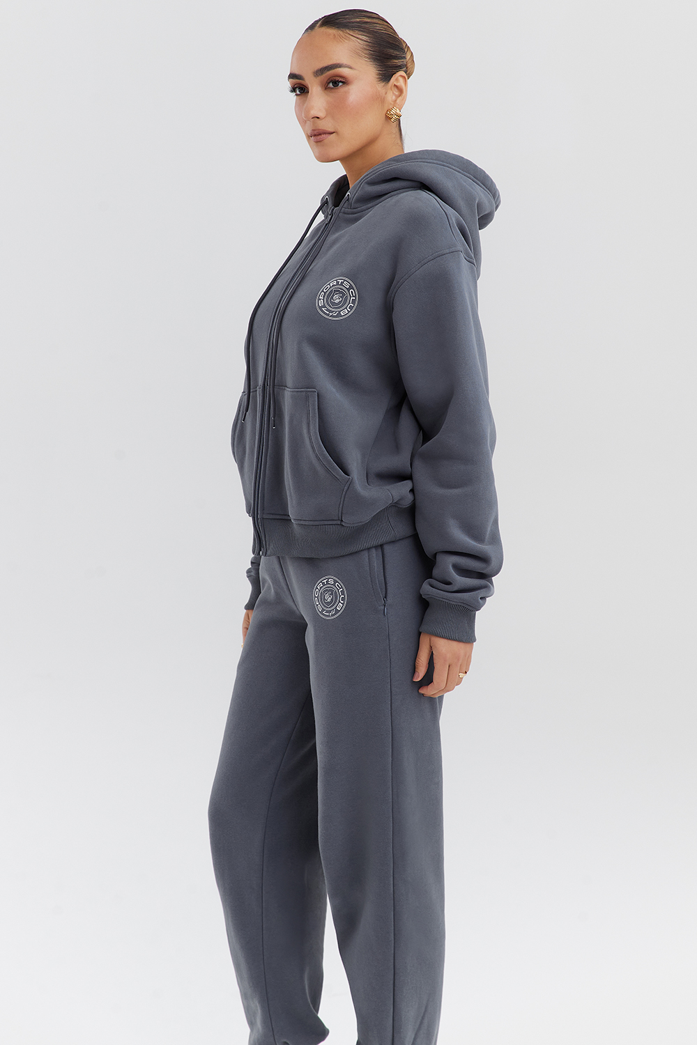 Mirage Slate Cotton Fleece-Back Zip Through Hoodie - luluinthesky