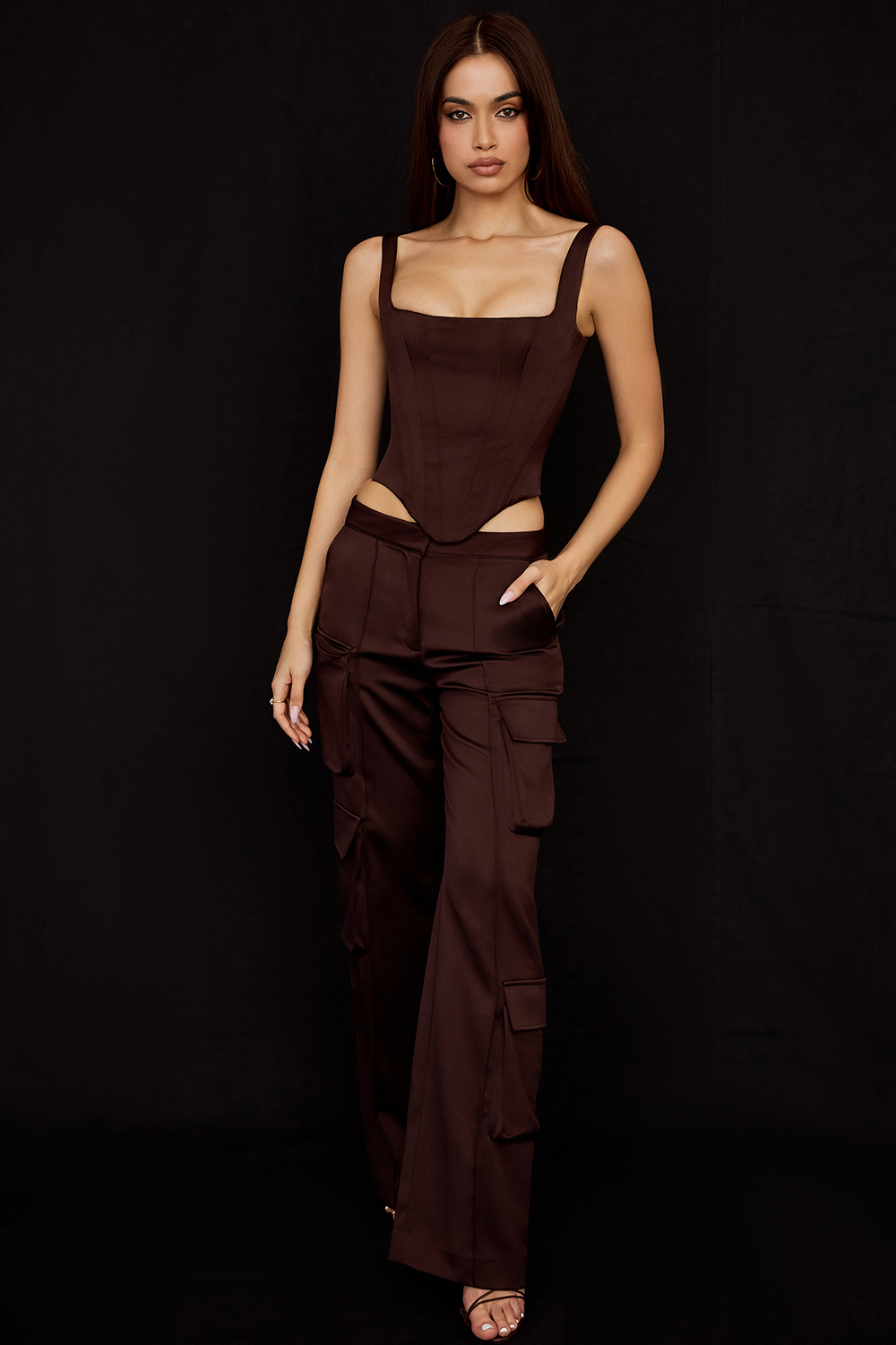 Daria Chocolate Satin Cargo Trousers - luluinthesky