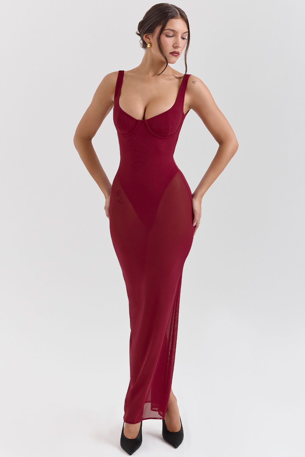 Robina Wine Stretch Mesh Maxi Dress - luluinthesky