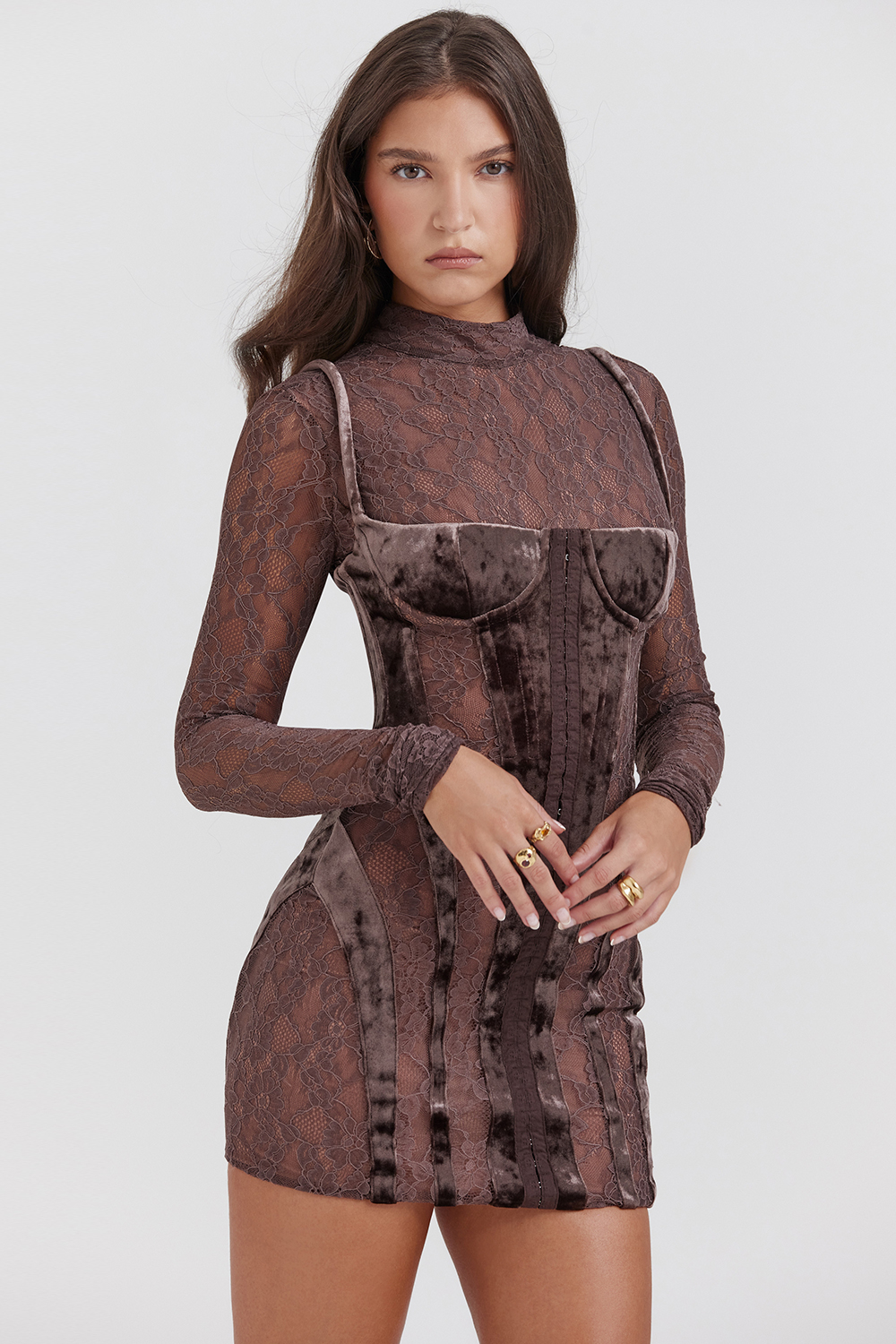 Marica Brown Velvet & Lace Corset Dress - luluinthesky
