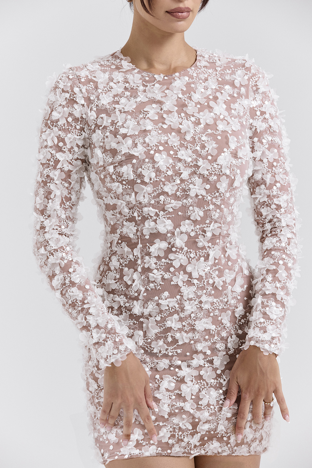 Alize White Floral Appliqué Backless Mini Bridal Gown - luluinthesky