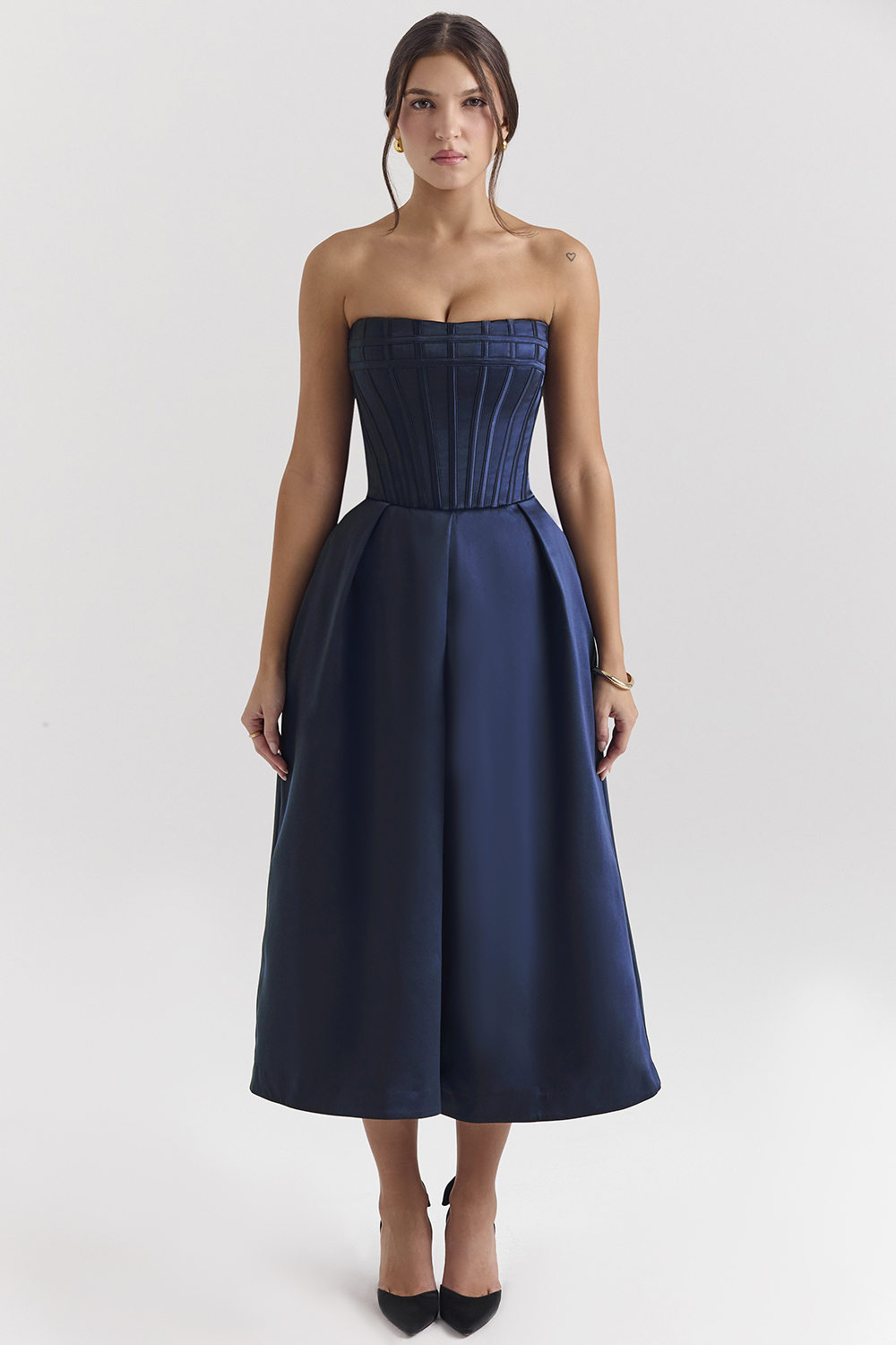 Bellina Midnight Blue Strapless Detachable Bow Midi Dress - luluinthesky