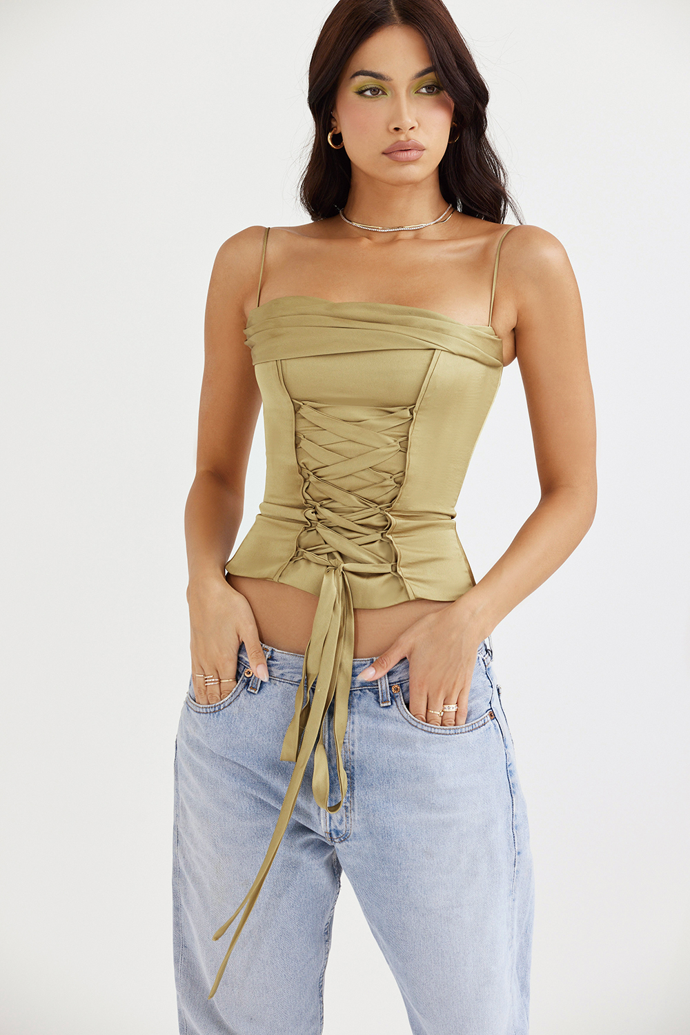 Letitia Olive Satin Lace Up Corset - luluinthesky