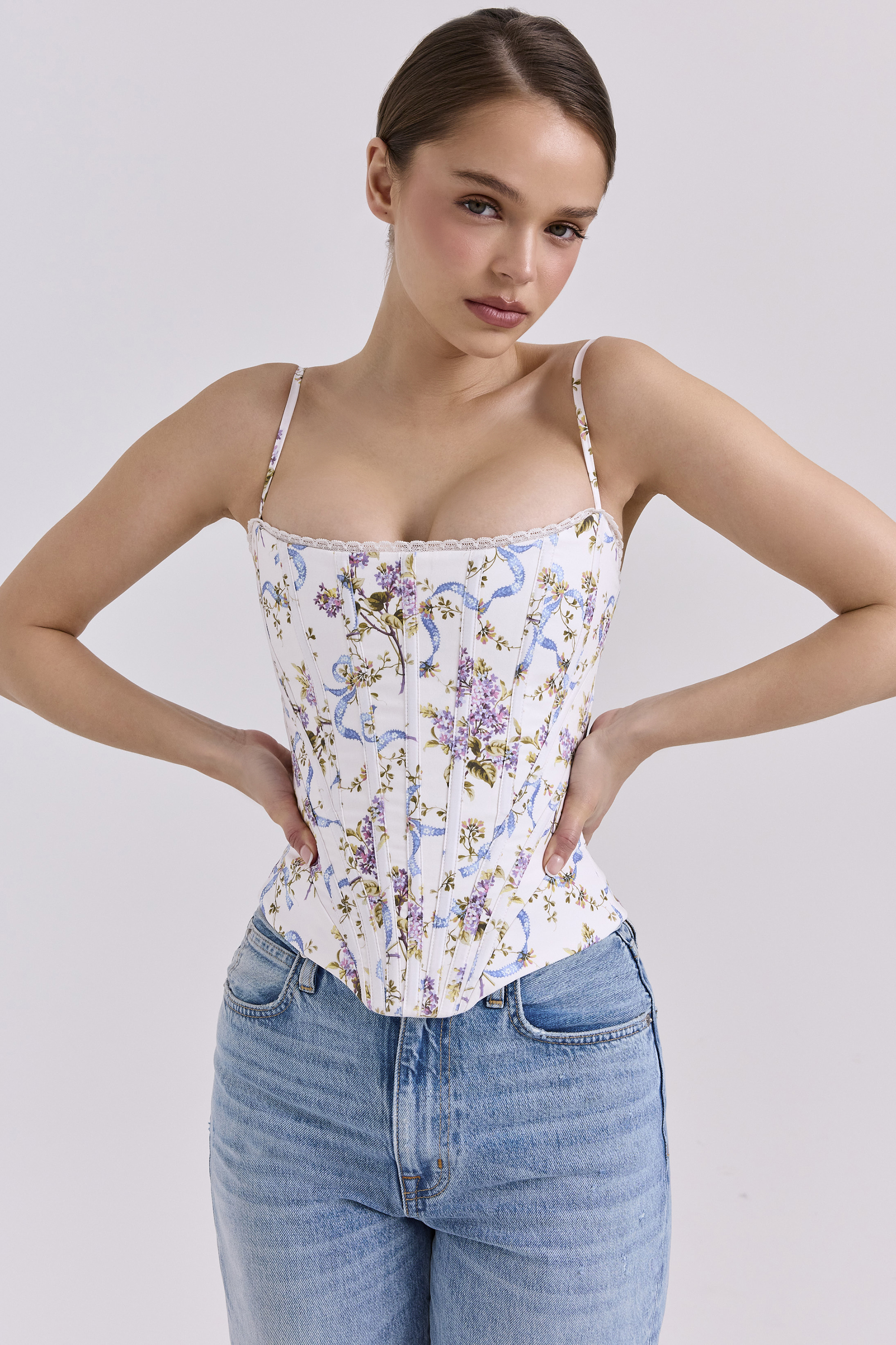 Cadie White Floral Ribbon Print Cotton Corset Top - luluinthesky