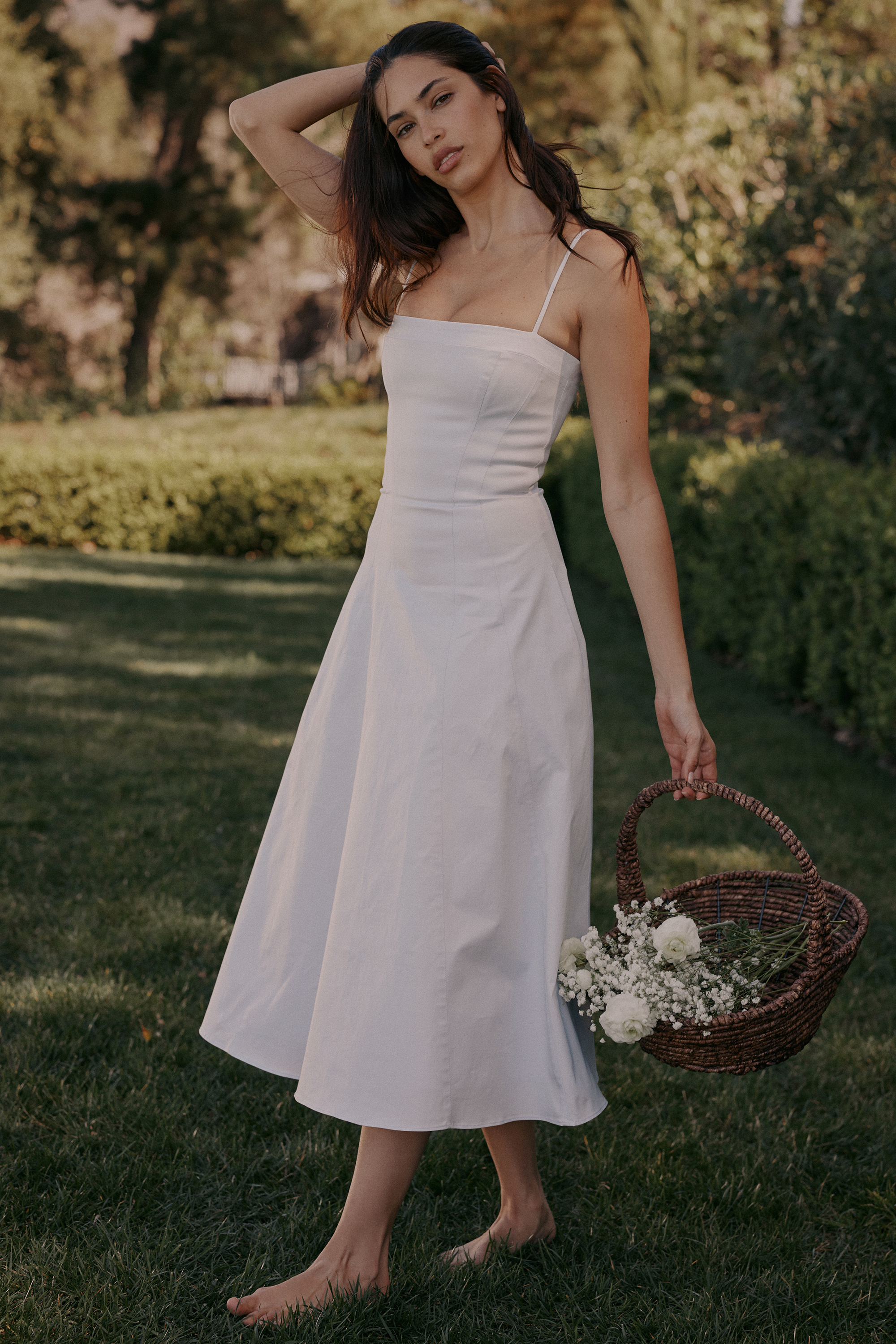 Dolly White Stretch Cotton A-Line Midi Sundress - luluinthesky