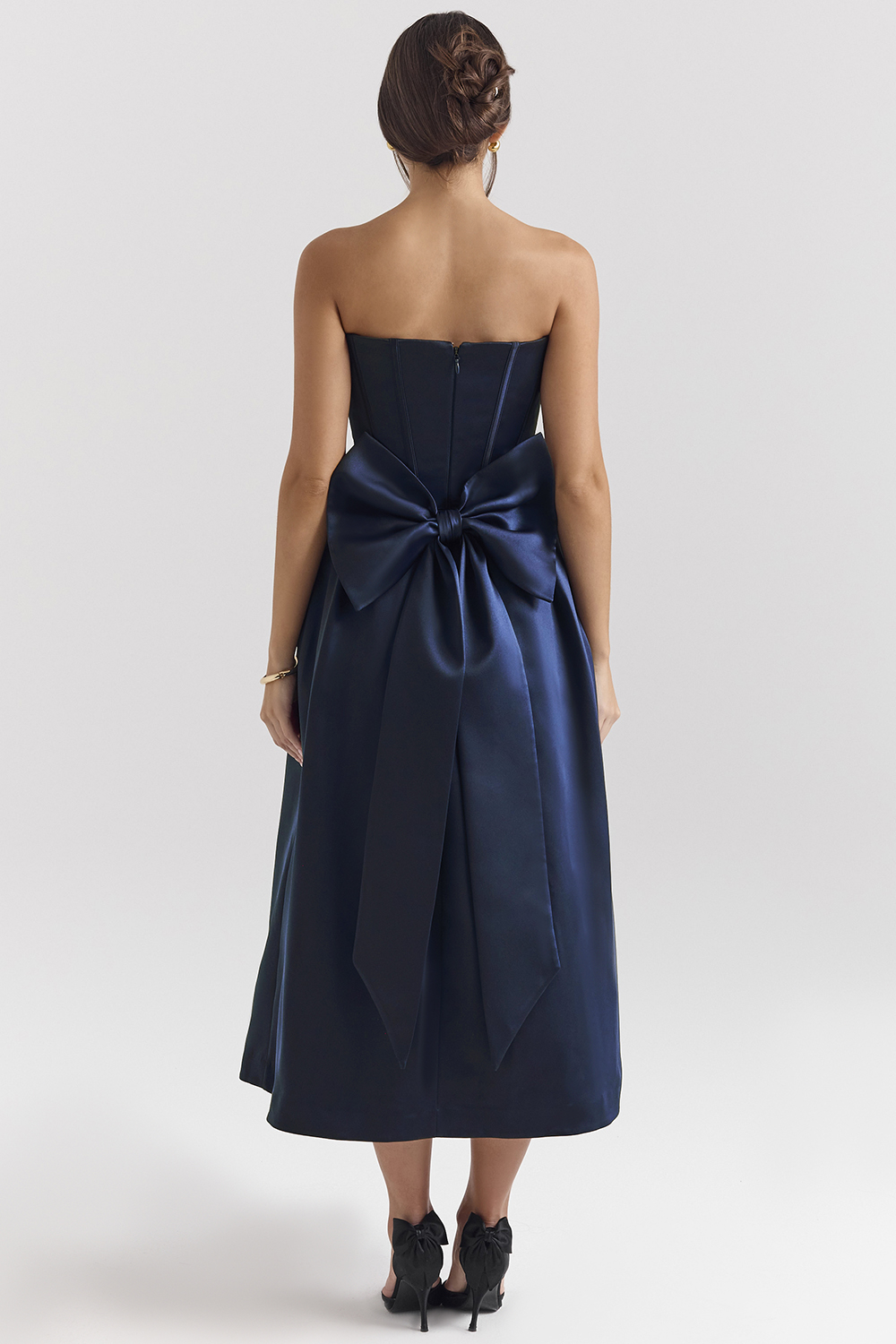 Bellina Midnight Blue Strapless Detachable Bow Midi Dress - luluinthesky