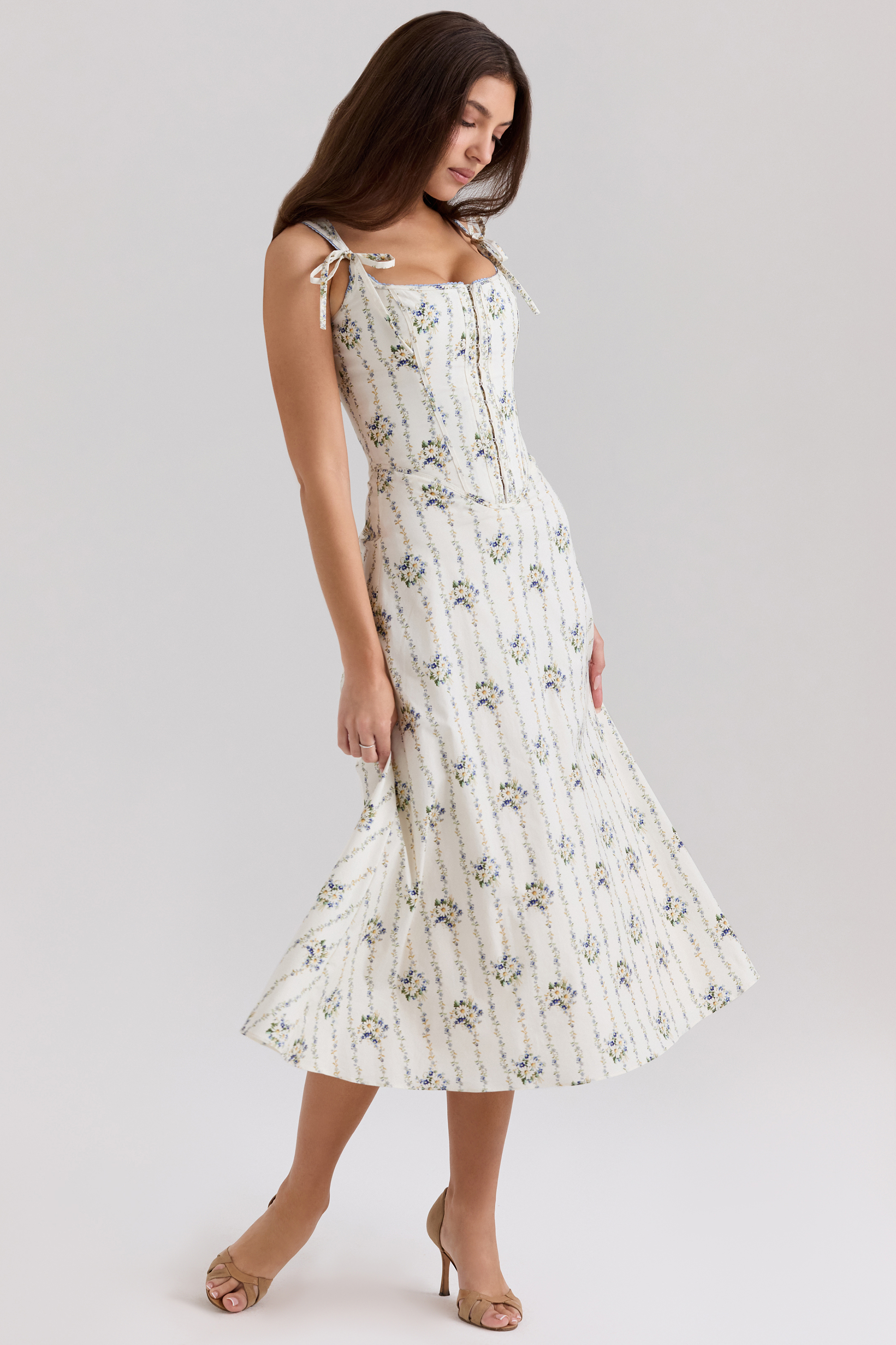 Dionne Cream Daisy Print Stretch Cotton Midi Dress - luluinthesky