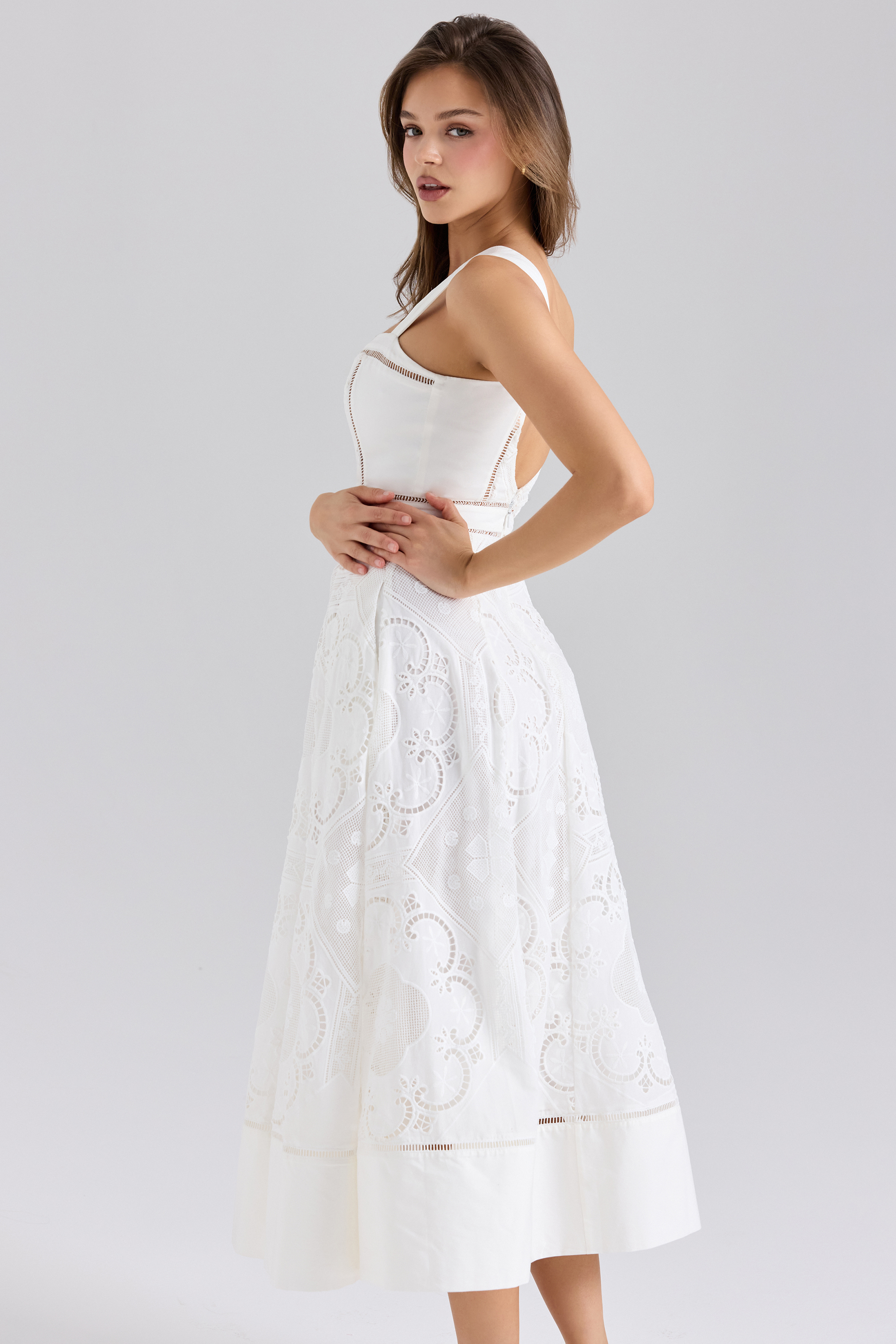 Ava White Stretch Cotton Broderie Anglaise Midi Dress - luluinthesky
