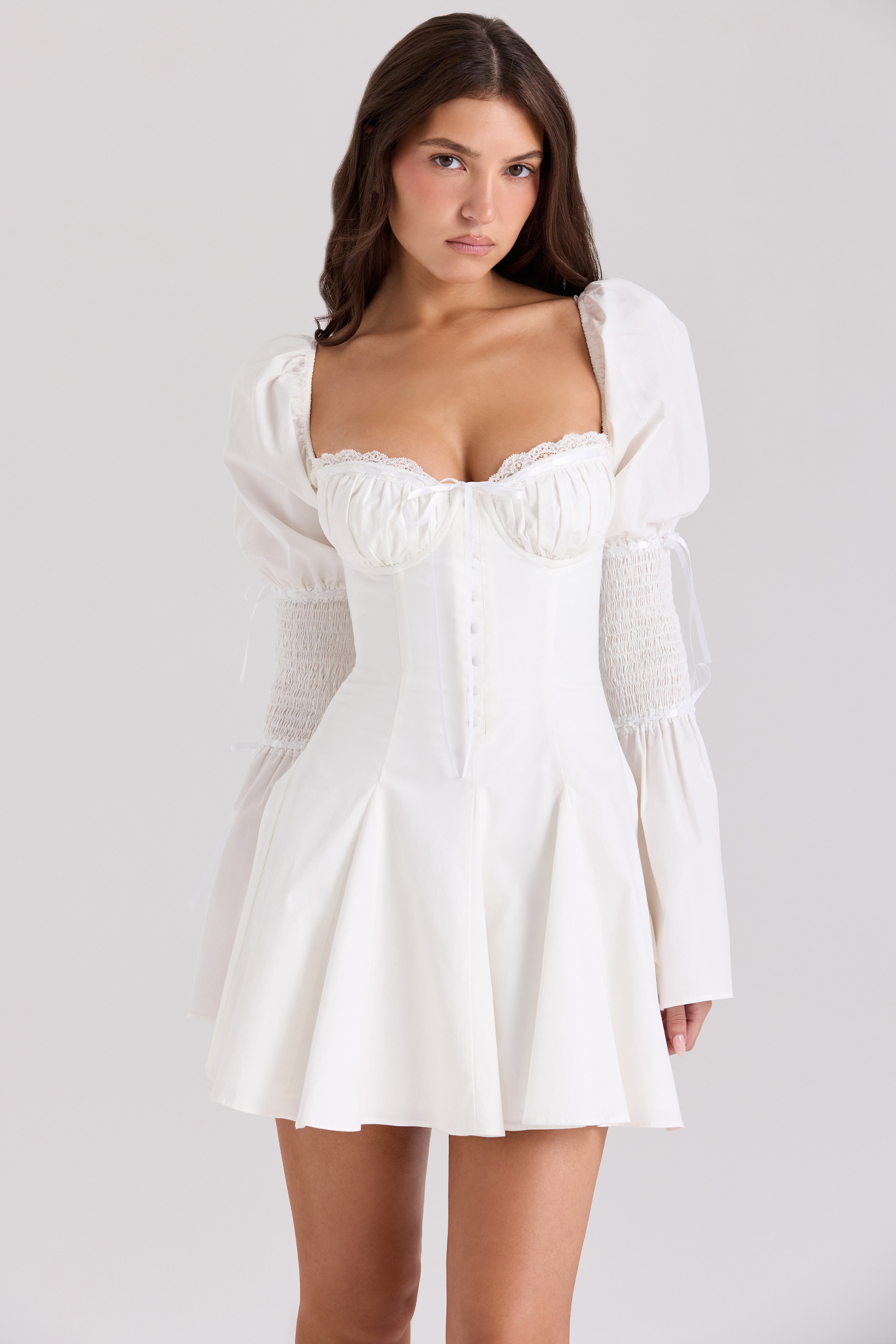 Ellerie White Cotton Flute Sleeve Mini Dress - luluinthesky