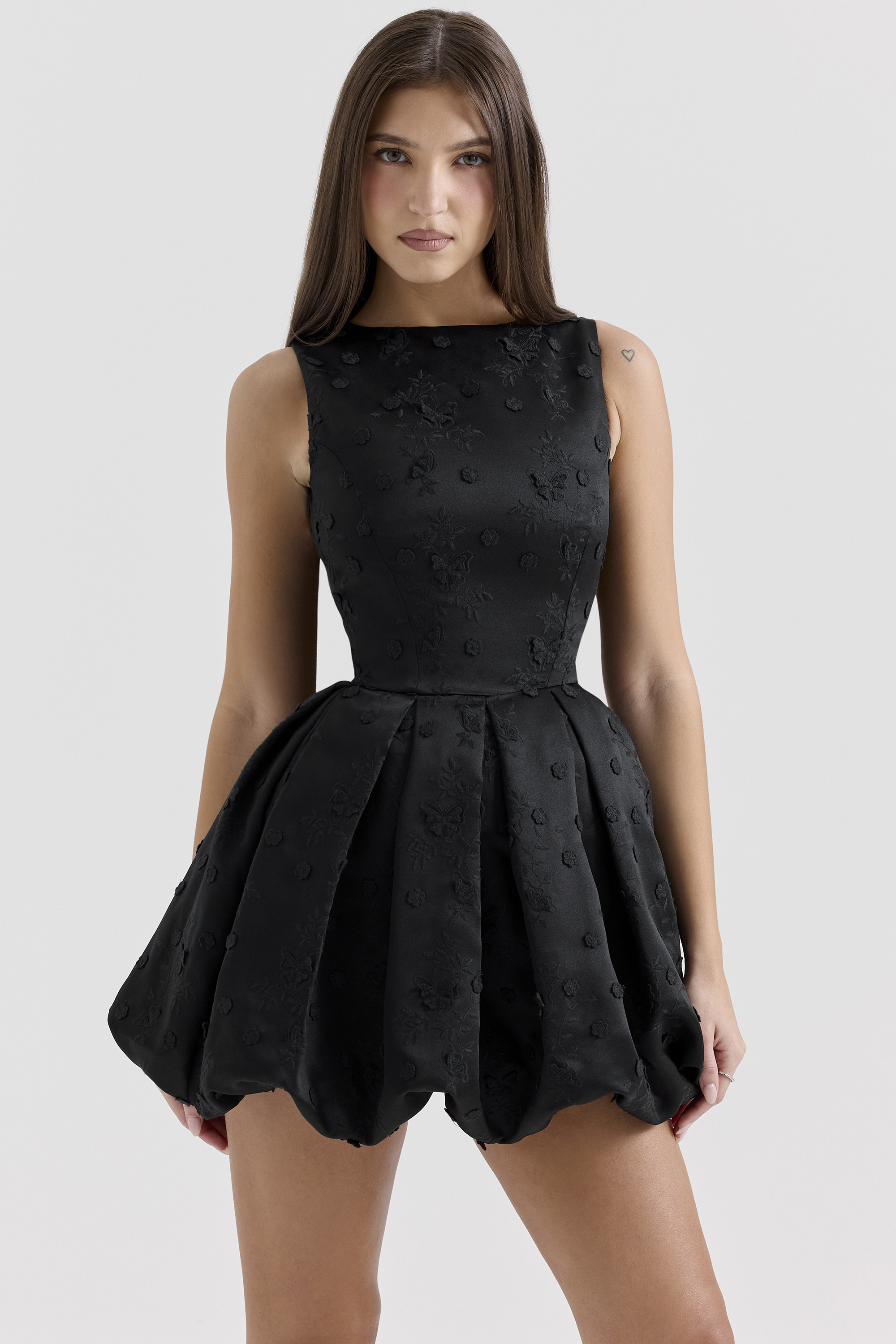 Melika Black Backless Embroidered Mini Puffball Dress - luluinthesky