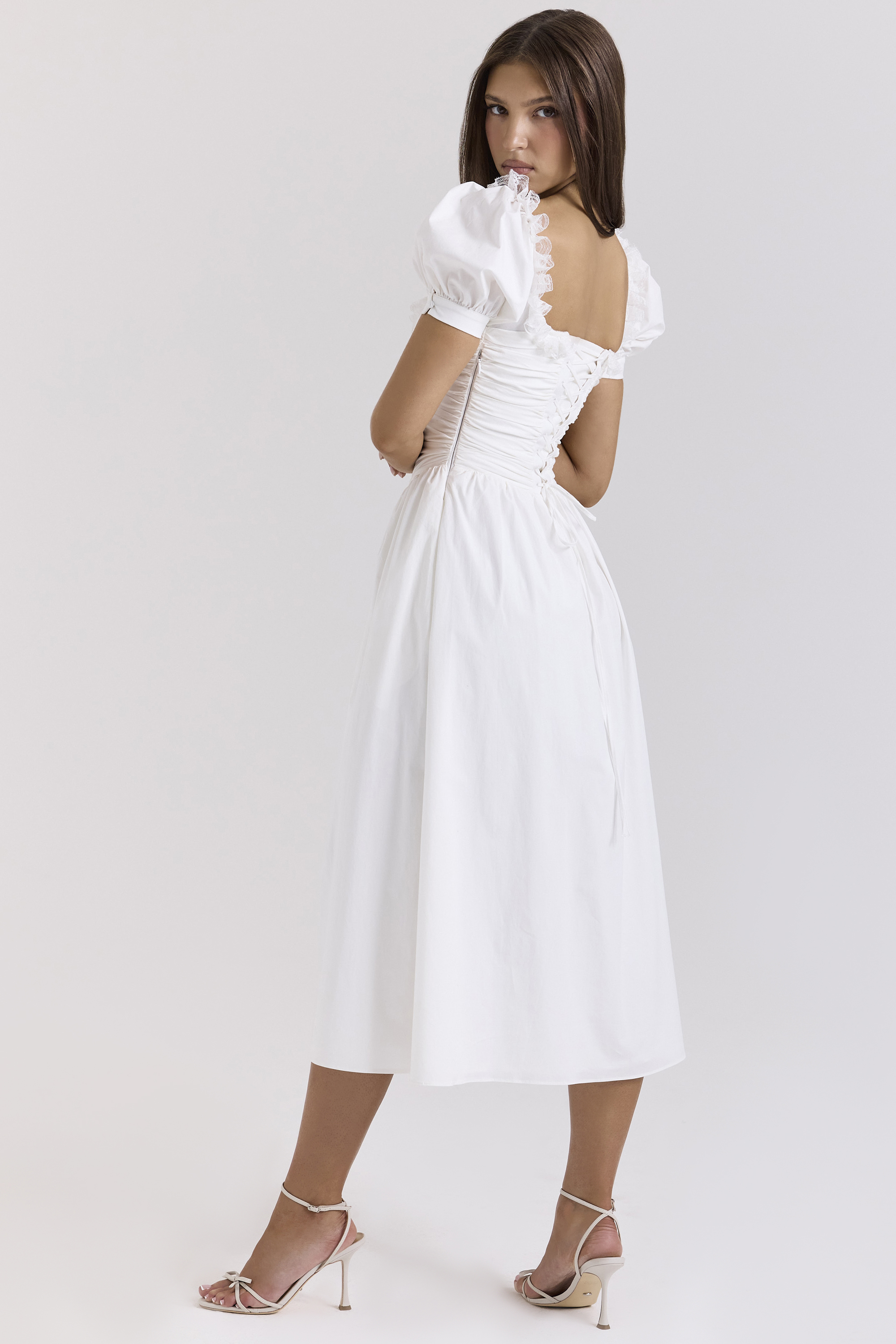 Lulabell White Stretch Cotton Puff Sleeve Midi Dress - luluinthesky