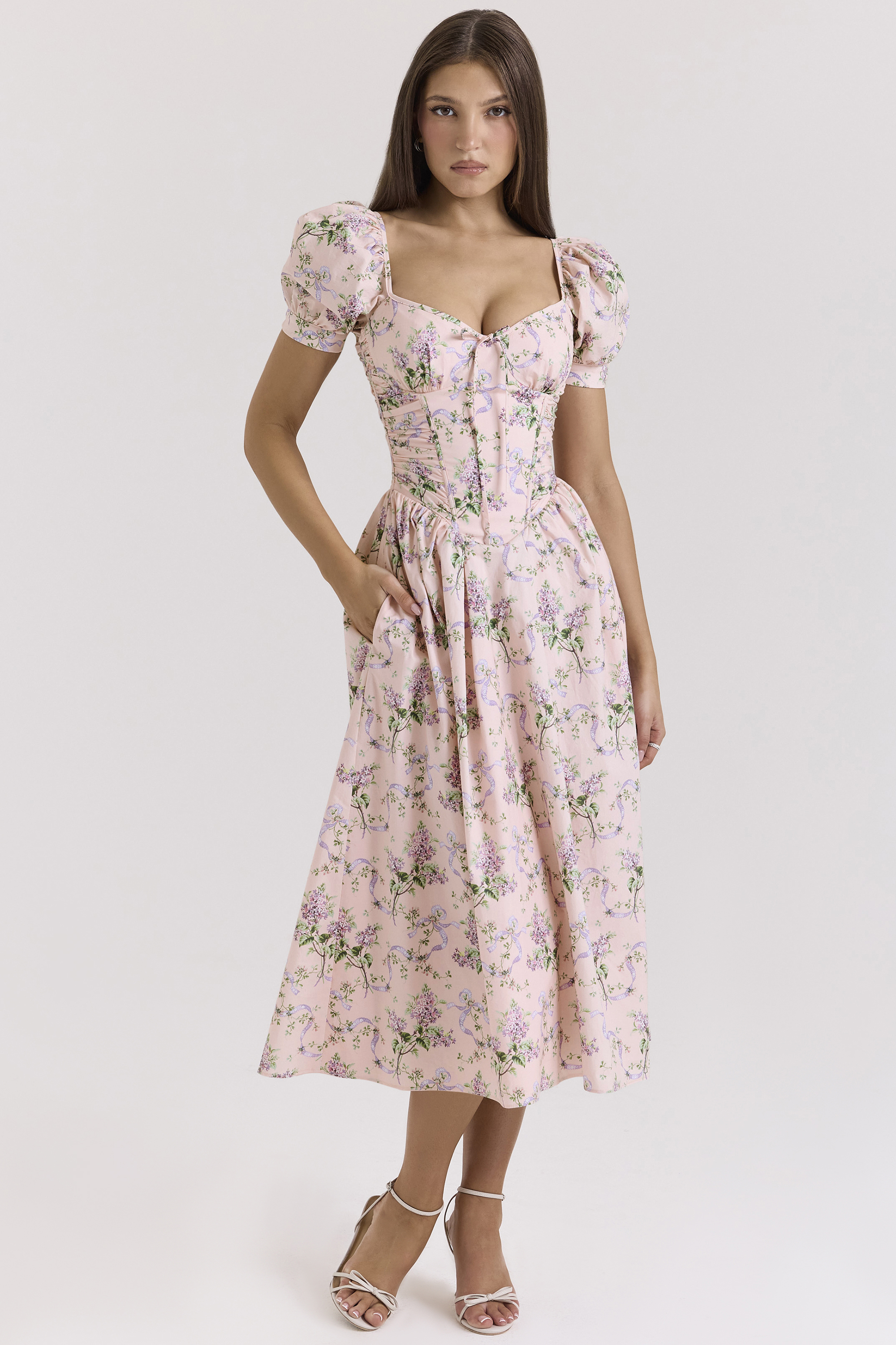 Lulabell Pink Ribbon Print Cotton Midi Dress - luluinthesky