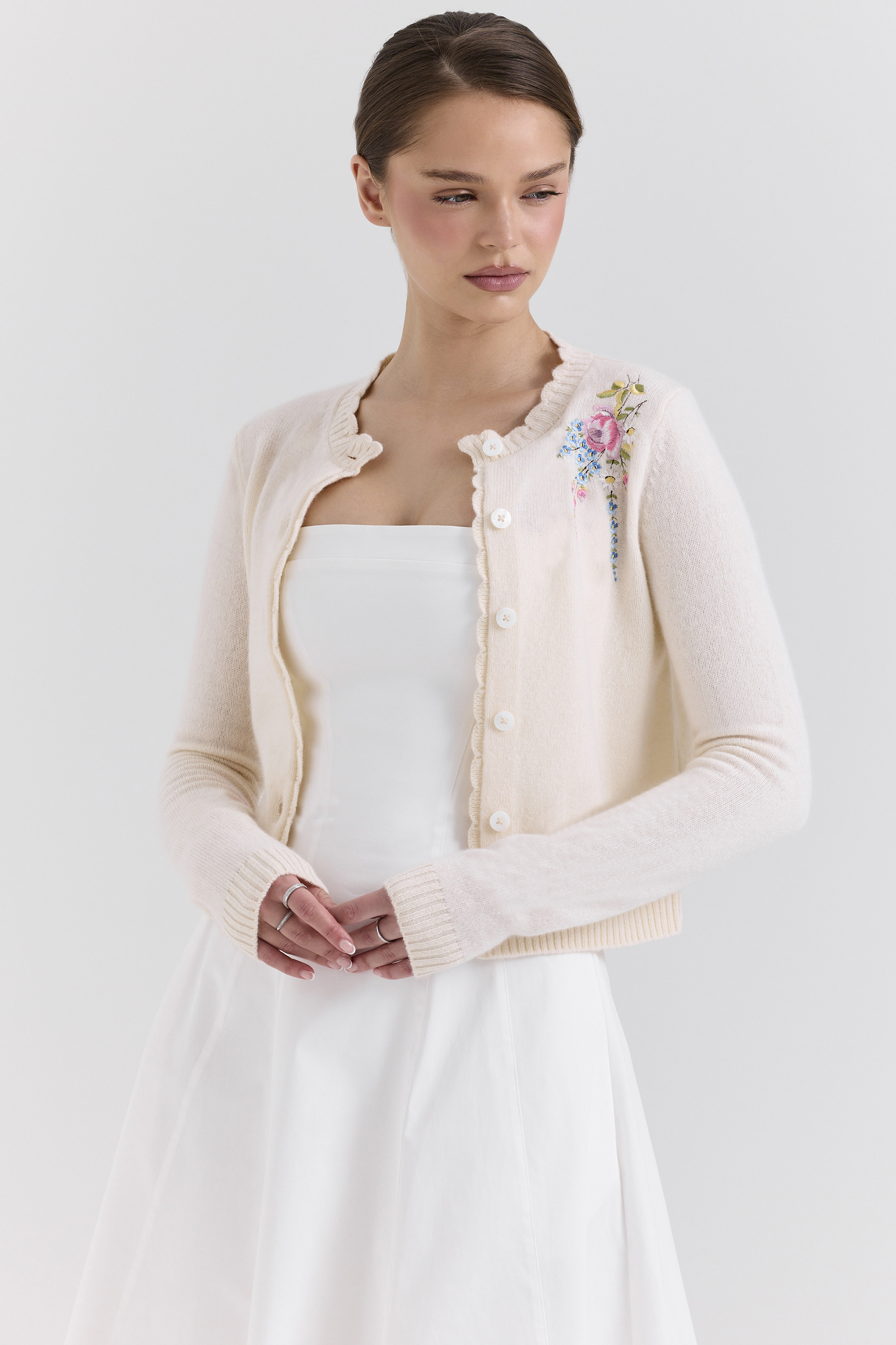 Anjou Cream Lambswool Floral Embroidered Cardigan - luluinthesky