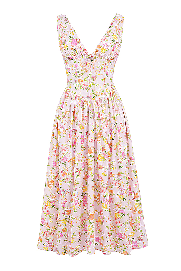 Emmelina Pink Meadow Print Cotton Corset Sundress - luluinthesky