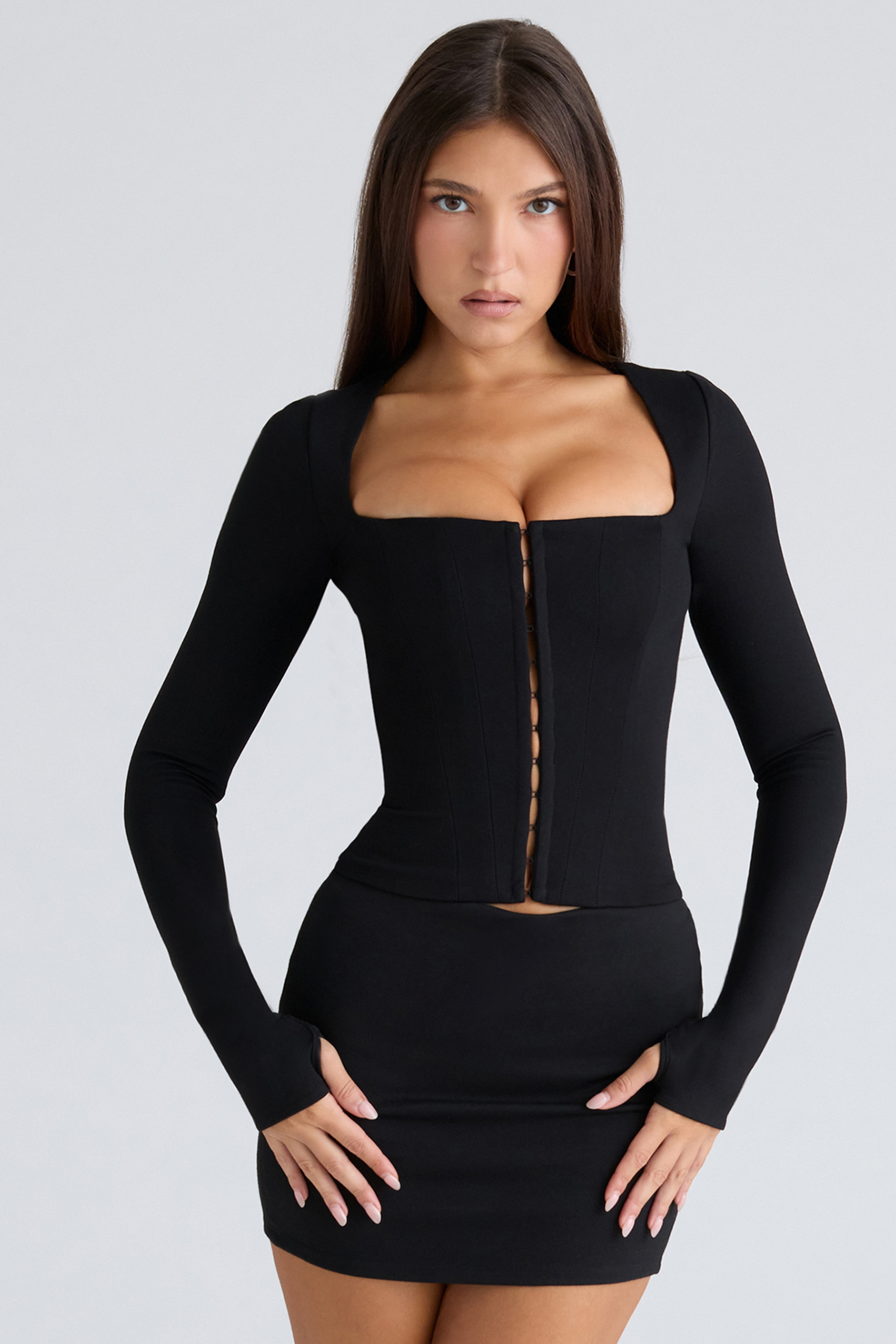 The Long Sleeve Balconette Black Corset Top - luluinthesky