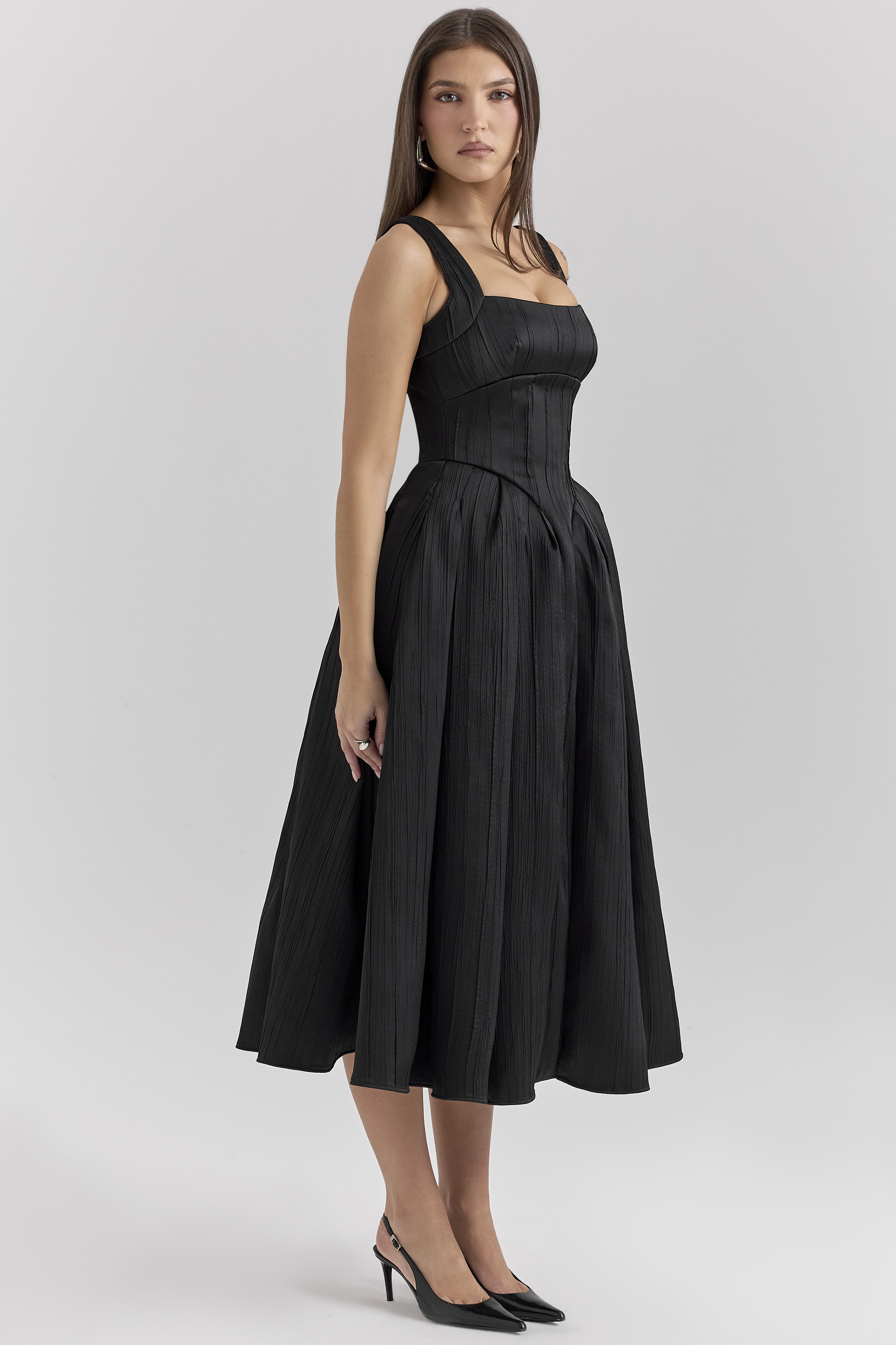 Isabeau Black Textured Satin Corset Midi Dress - luluinthesky