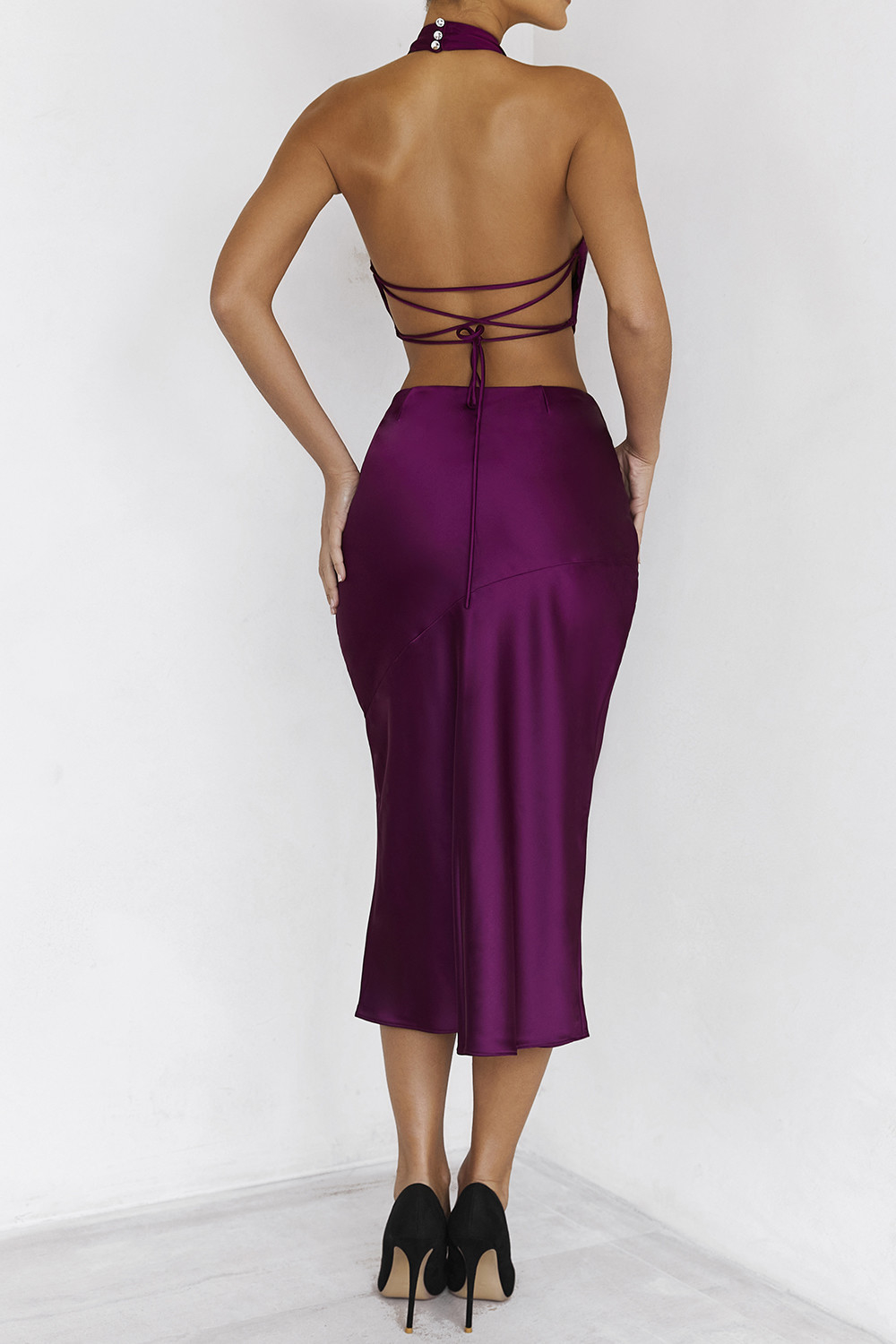 Mistress Rocks Plum Satin V-Shaped Midi Skirt - SALE - luluinthesky