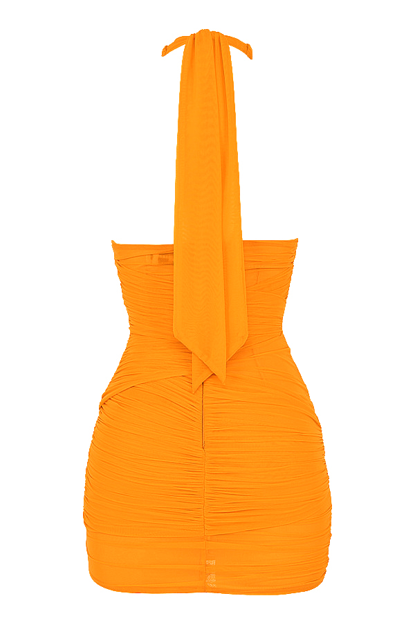 Over ItMistress Rocks  Orange Gathered Mesh Halter Neck Mini Dress - SALE - luluinthesky